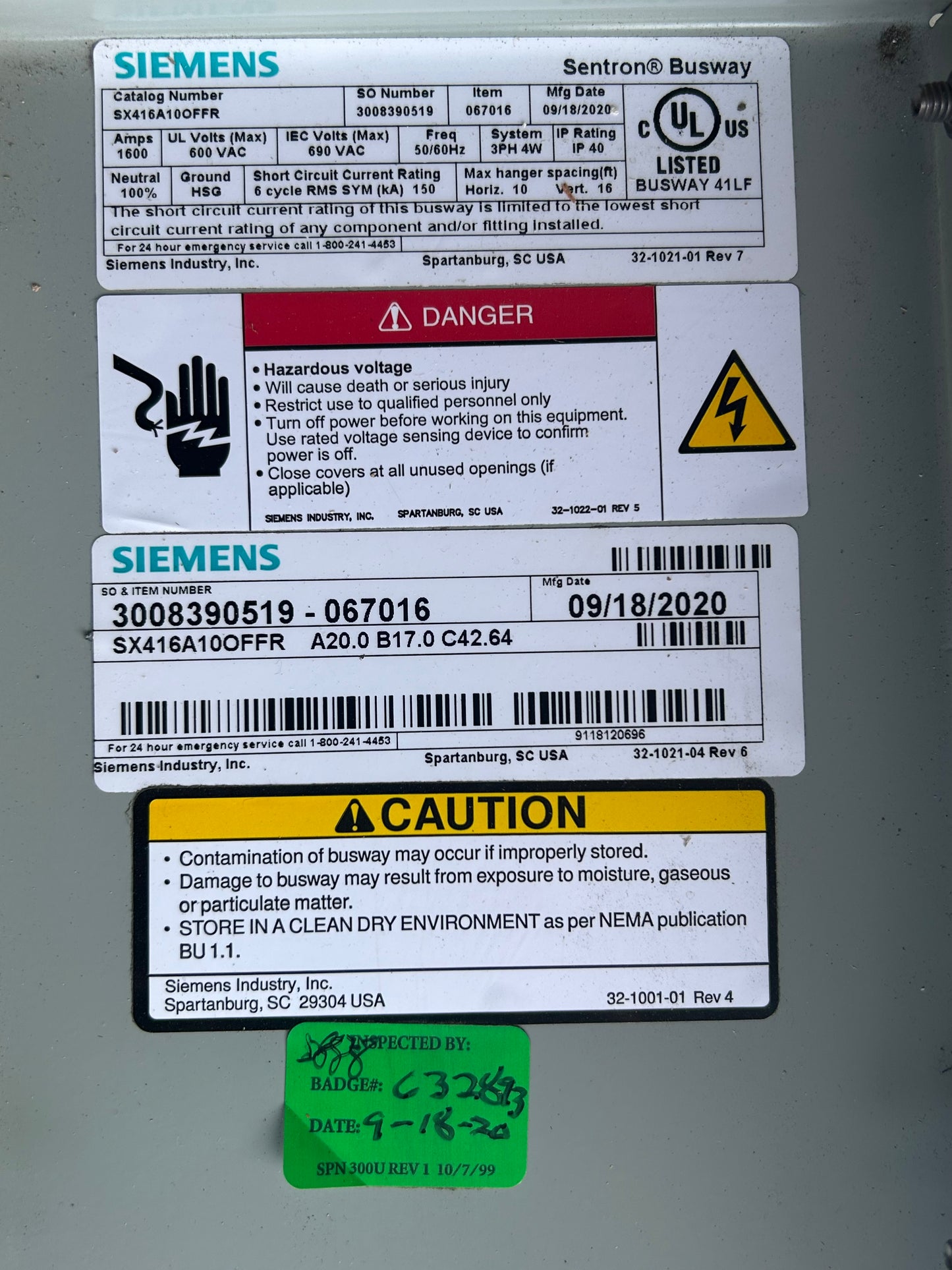 SIEMENS Sentron Busway 1600 AMP 600 UL Volts (MAX) Freq 50/60 System 3PH 4W