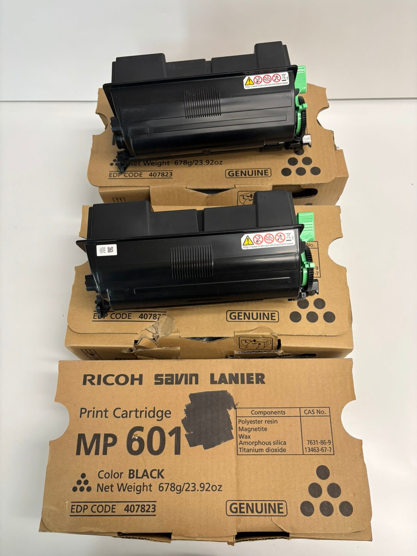 3 Genuine Ricoh MP 501SPF,601SPF,SP 5300DN,5310DN Black Toners 407823 (2 Open)