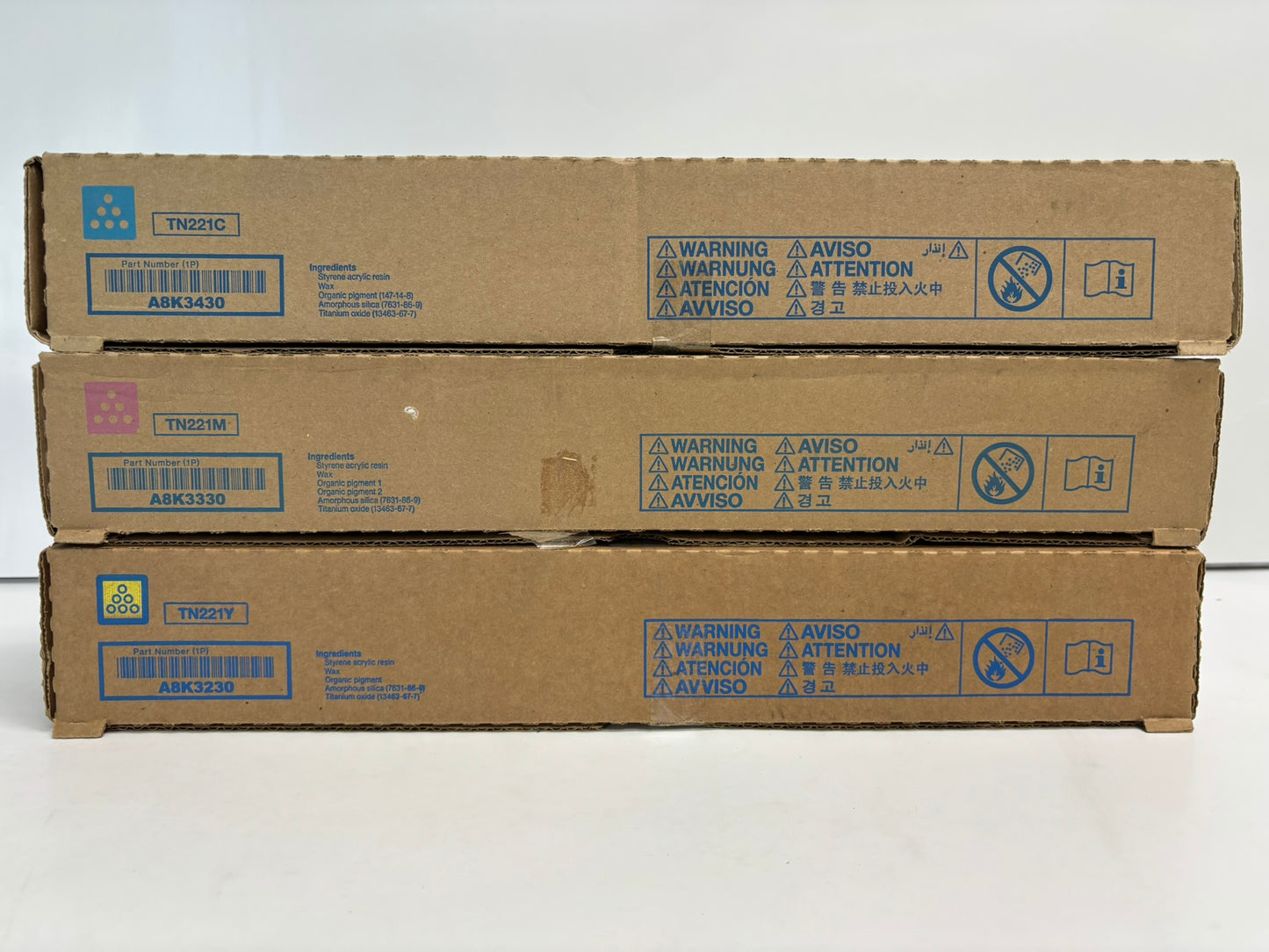 3 Genuine Konica Minolta BizHub C227,C287 TN221 CMY Toners TN221C,TN221M,TN221Y