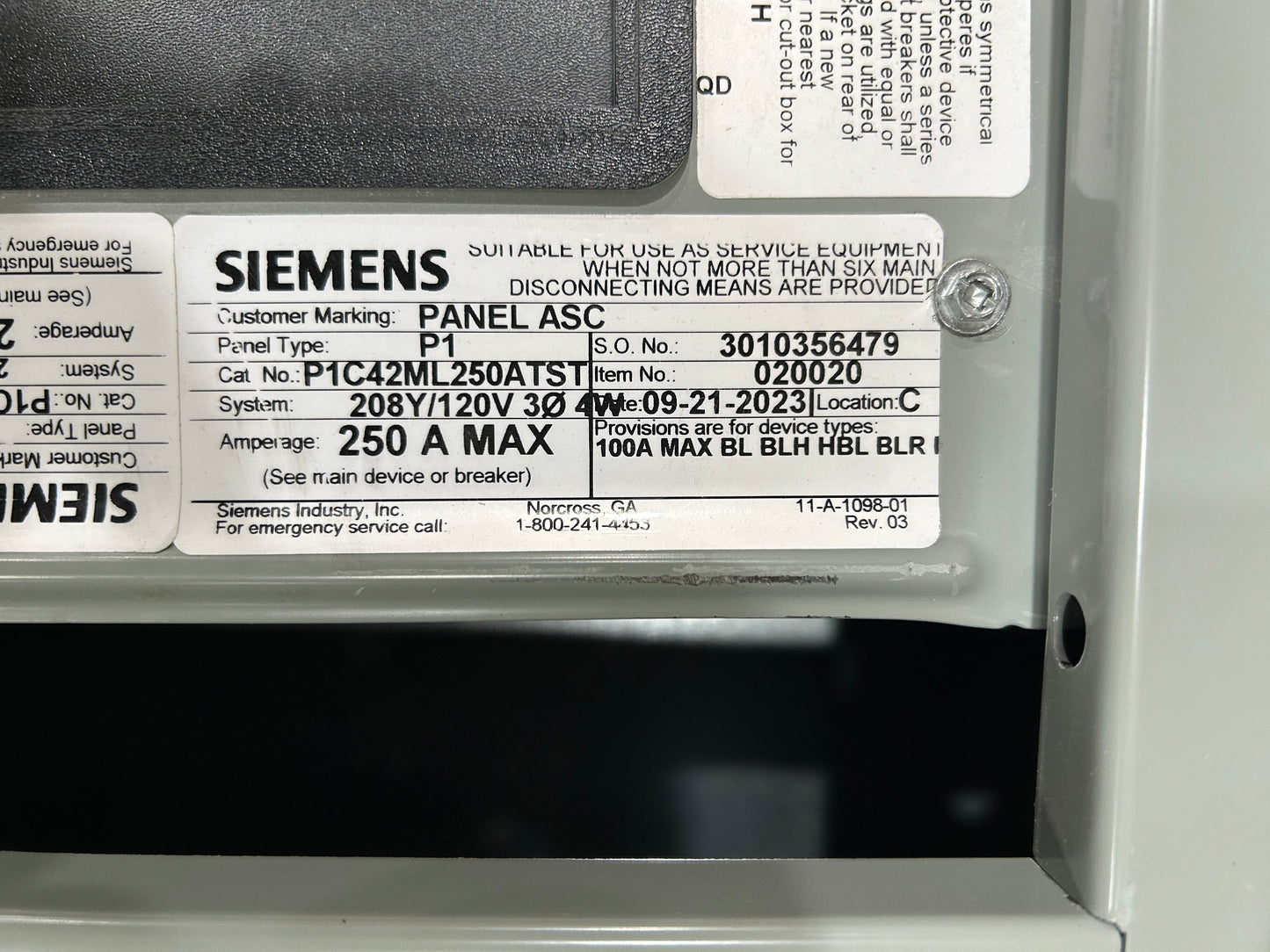 SIEMENS P1C42ML250ATST 250AMP MAIN LUG PANEL 208Y/120V 42 CIRCUIT 3-PHASE