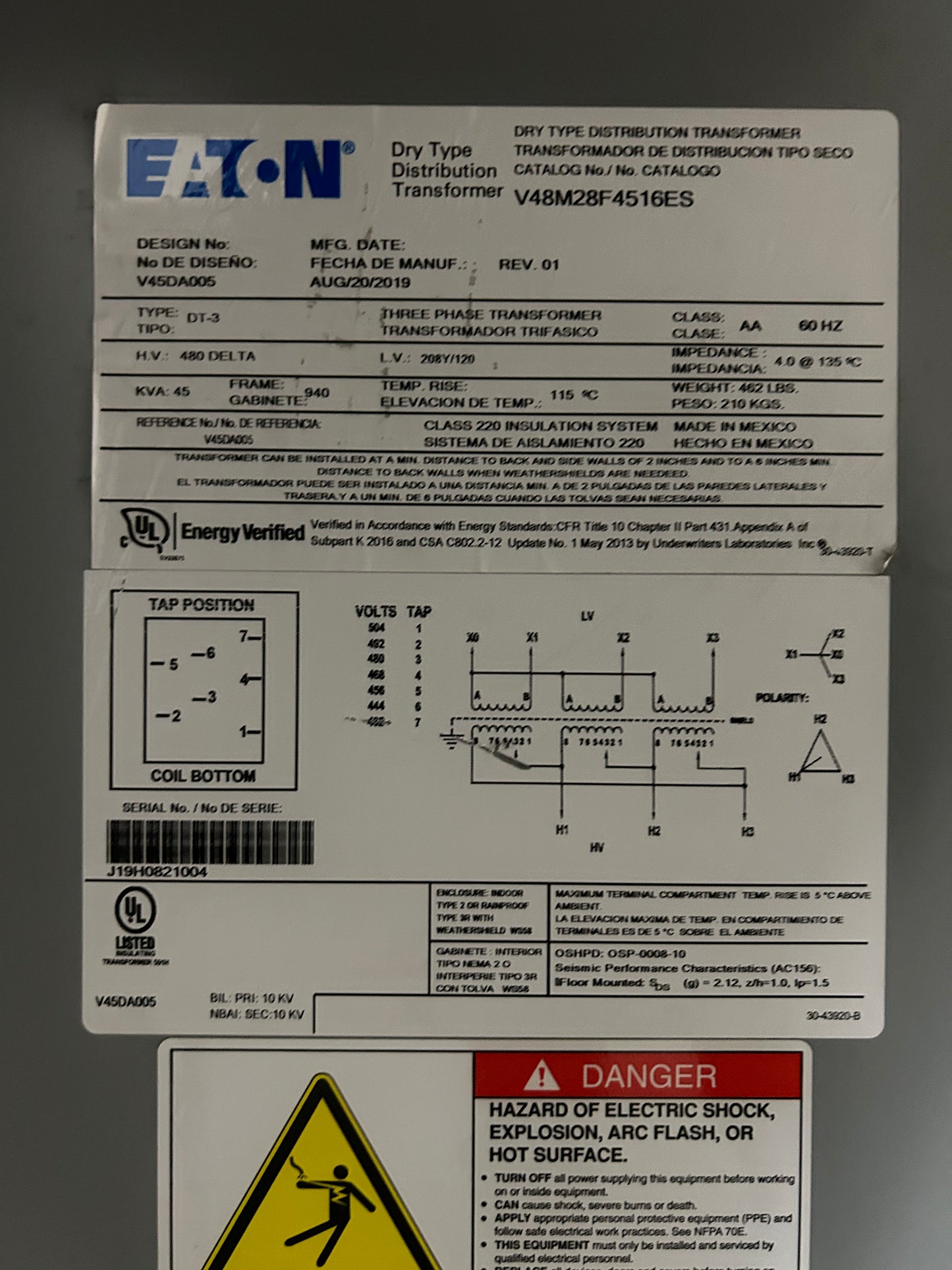 EATON V48M28F4516ES Ventilated Transformer NEMA 2 220°C 45 kVA 3-phase 480V