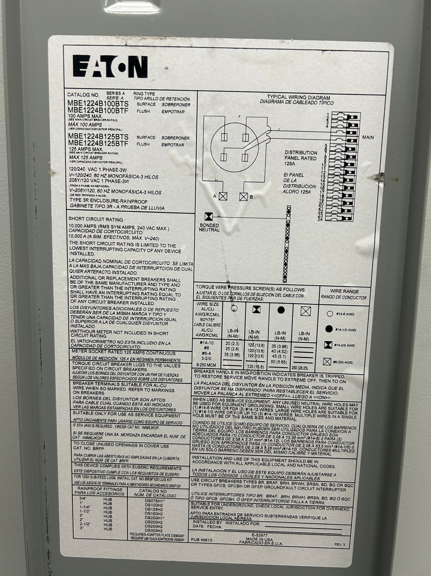 Eaton MBE1224B100BTS 12 Space 24 Cir. 100A Outdoor Breaker 120/240 1Ph-3w