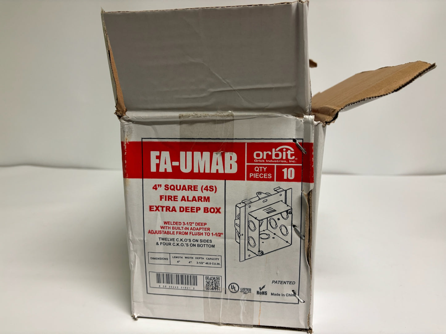 New Open 10 PK Orbit FA-UMAB Fire Alarm 4" Square 3-1/2" Adjustable Deep Box