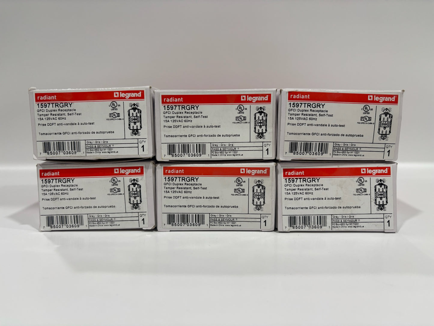 New 6 PC Legrand 1597TRGRY Gray 15A TR GFCI Outlet, Self-Test