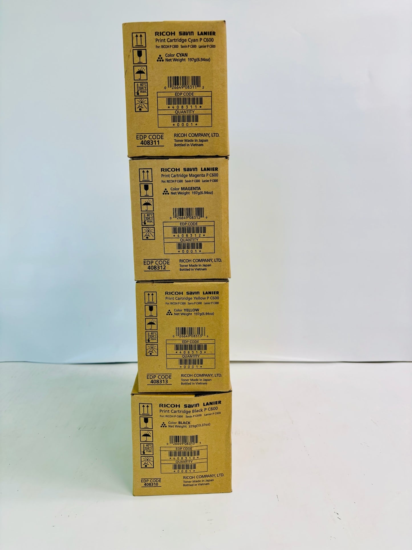 4 Genuine Ricoh C600 Cyan, Magenta, Yellow, Black Print Cartridge 408310,311,312,313