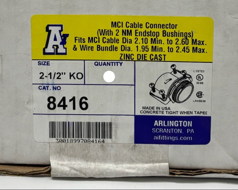 8 PK Arlington 8416 2-1/2" MCI Cable Connector Zinc Die-Cast Multi-Cable Fitting (No Box)