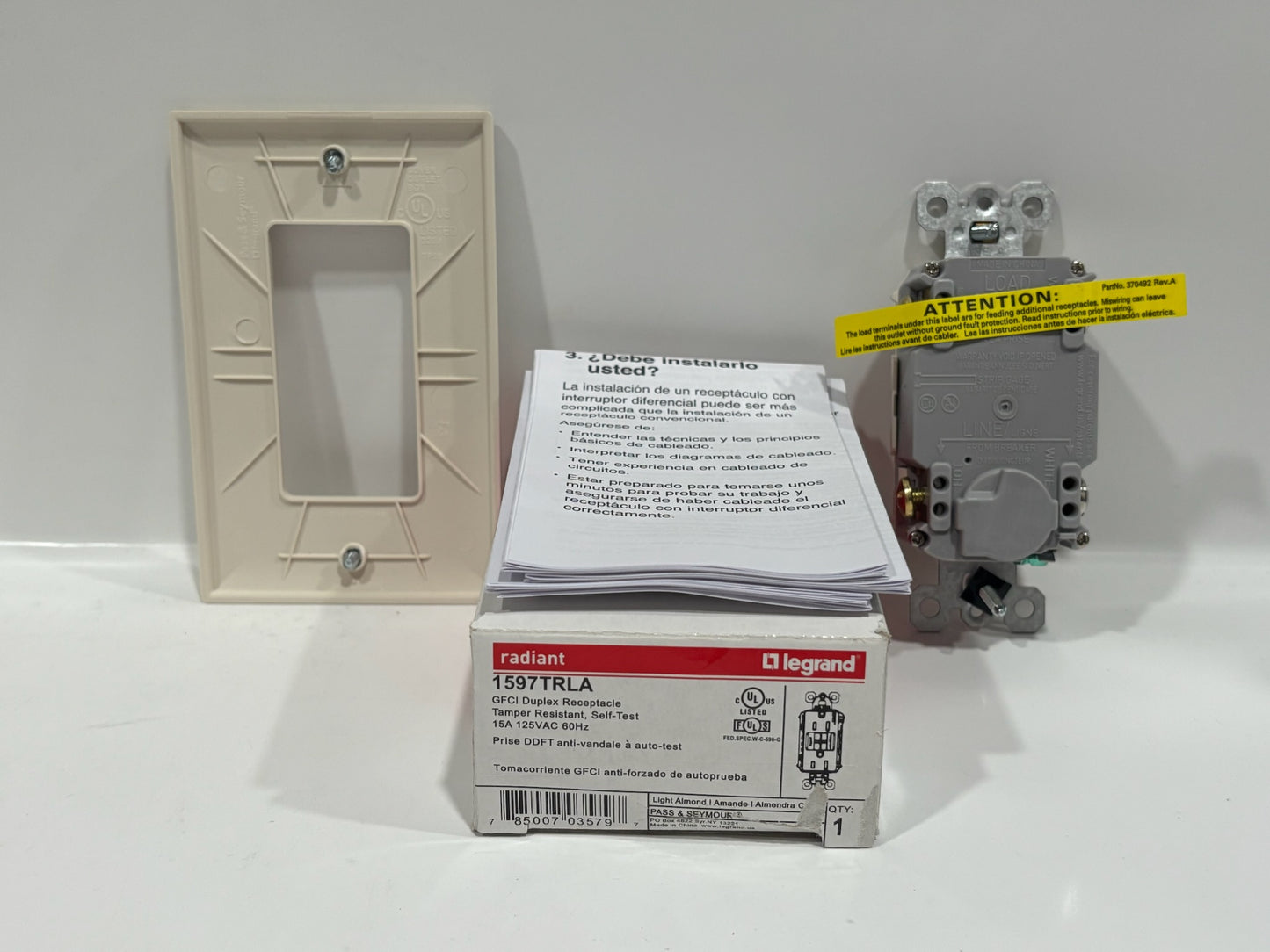 New 9 PC Legrand 1597TRLA 15A GFCI Outlet, TR, Light Almond, Self-Test