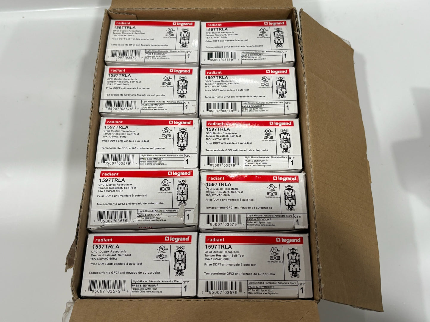 New 10 PC Legrand 1597TRLA 15A GFCI Outlet, TR, Light Almond, Self-Test