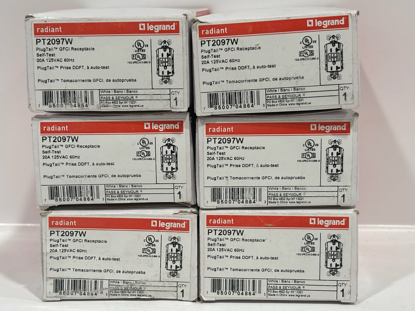 New 6PC Legrand PT2097W Self-Test GFCI Outlet with LED Light, White