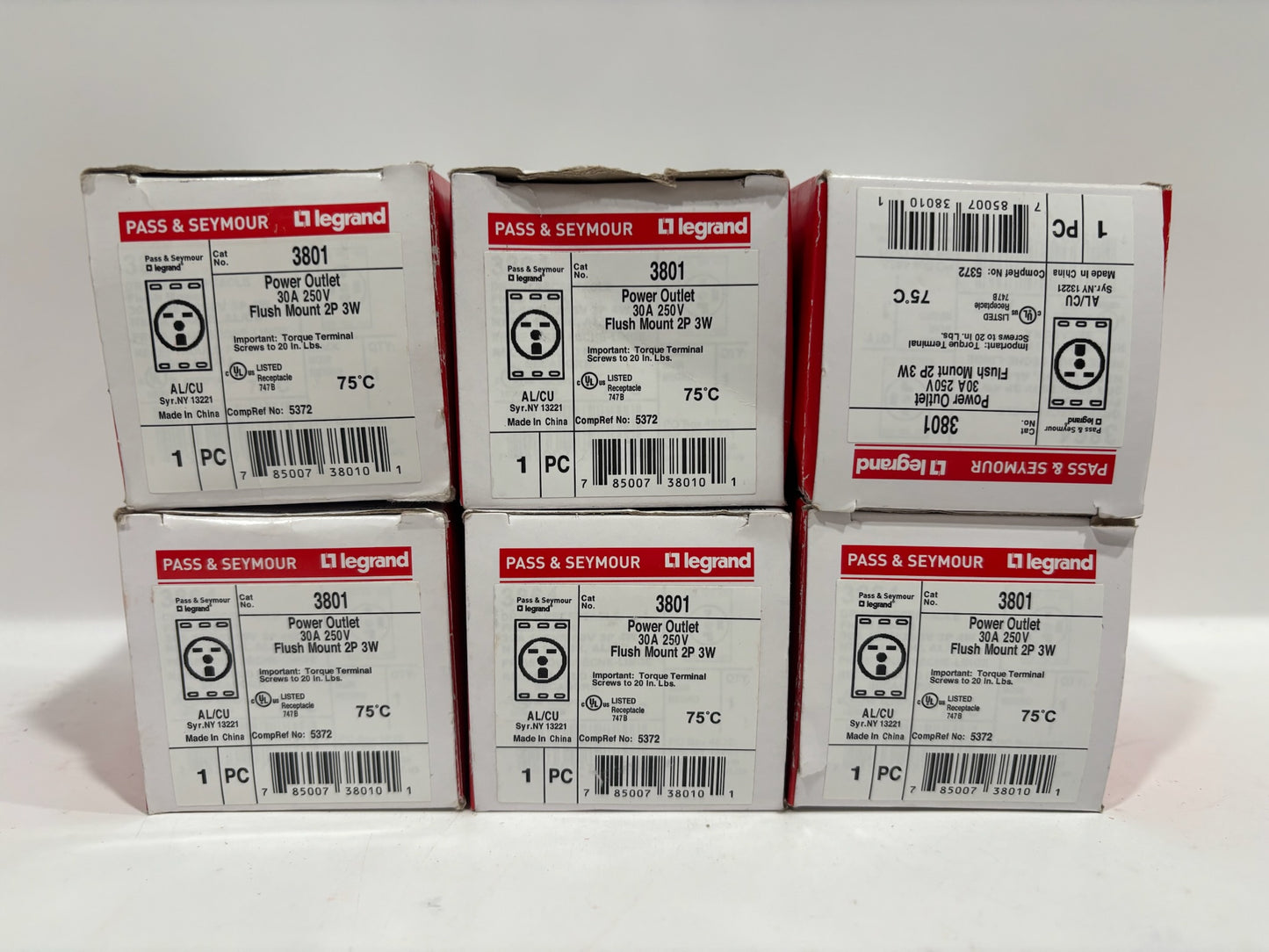 New 6PC Legrand 3801 30A 250V 6-30R Flush Receptacle 2P 3W Straight Blade