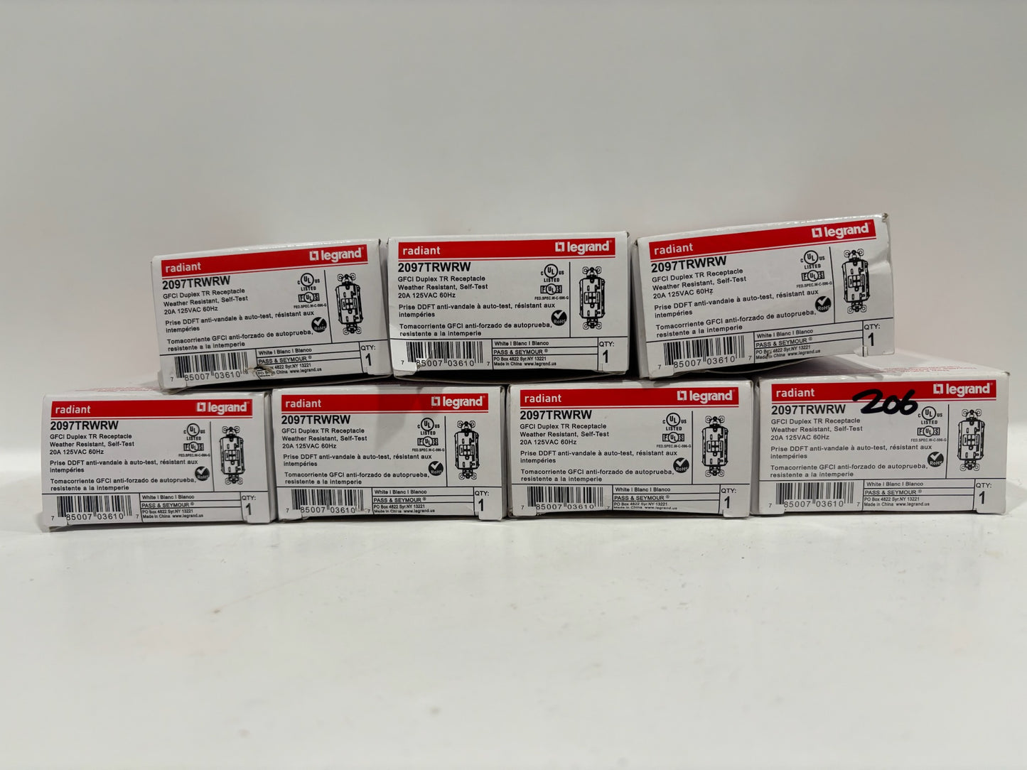 New 7 PC Legrand 2097 TRWRW 20A Duplex Self-Test GFCI Receptacles, White
