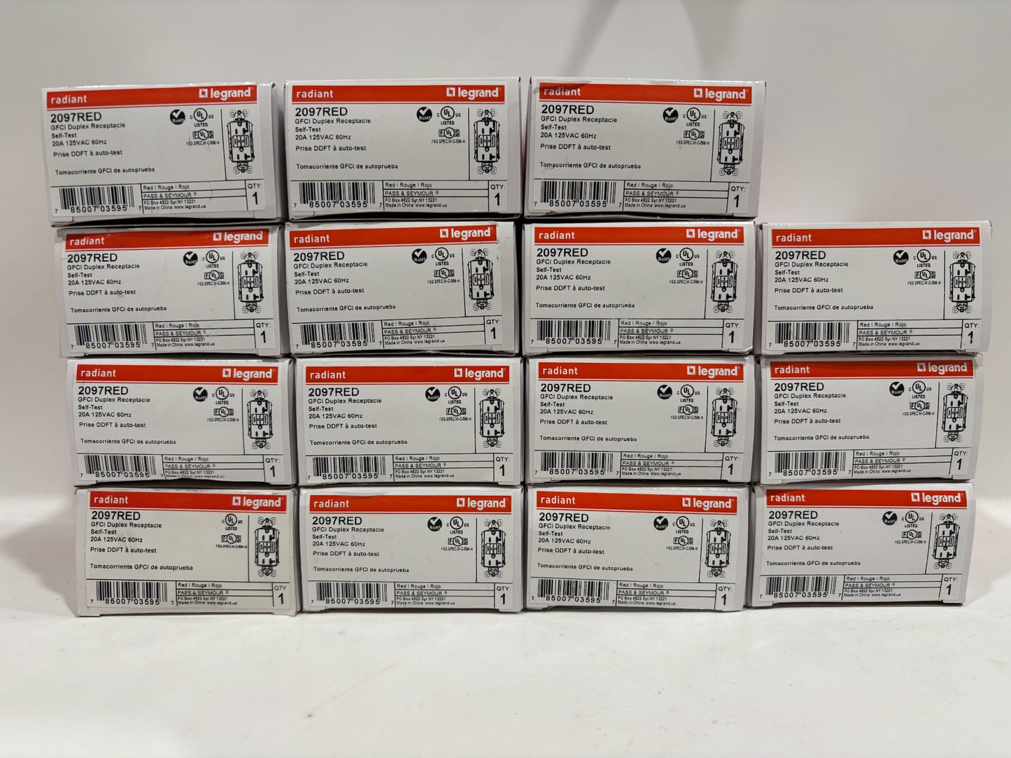 New 15 PC Legrand 2097RED 20A Duplex Self-Test GFCI Receptacles, Red