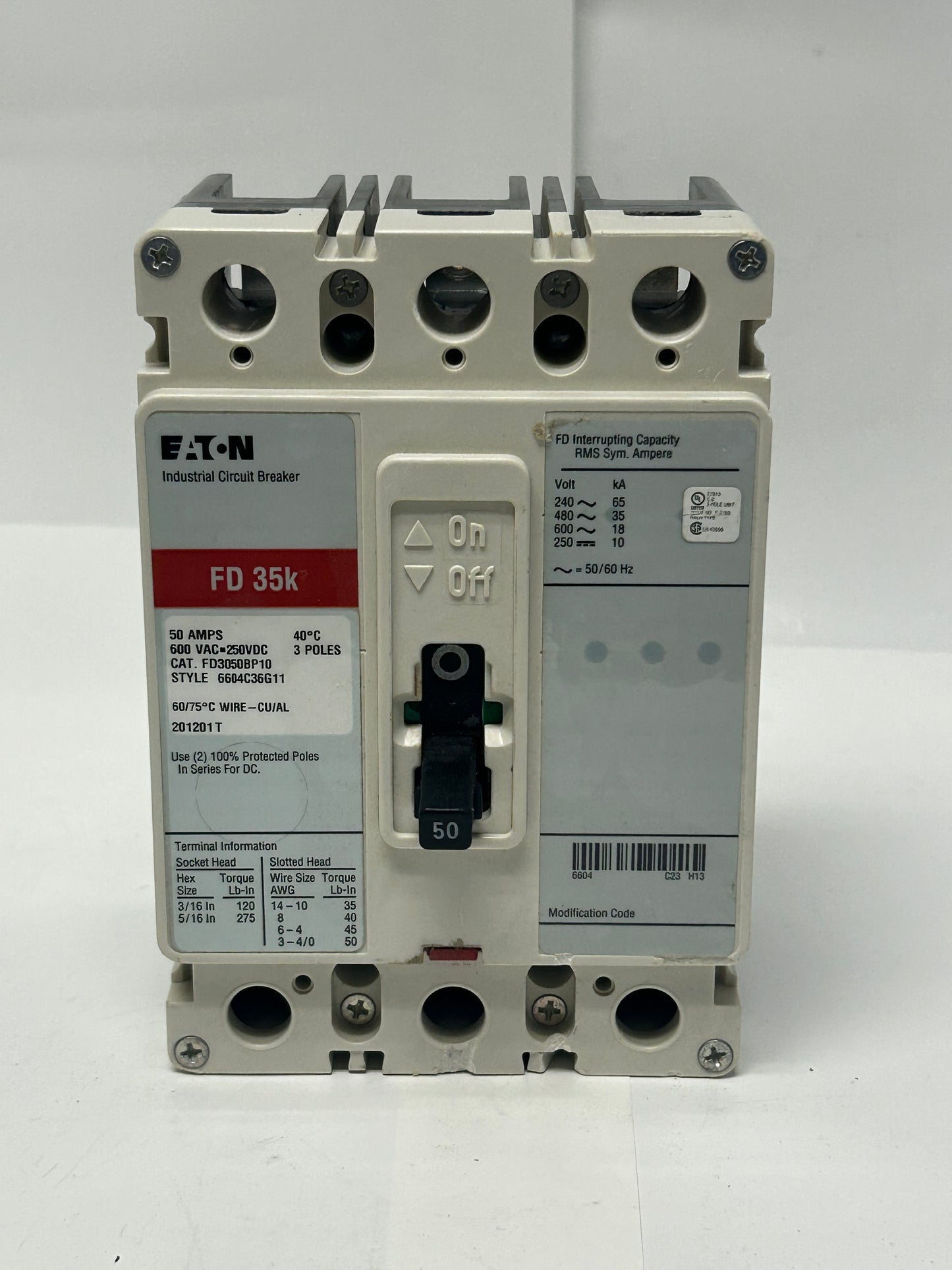 EATON FD3050BP10 Industrial Circuit Breaker 3Poles 50A 600 Vac 250 Vdc FD35K