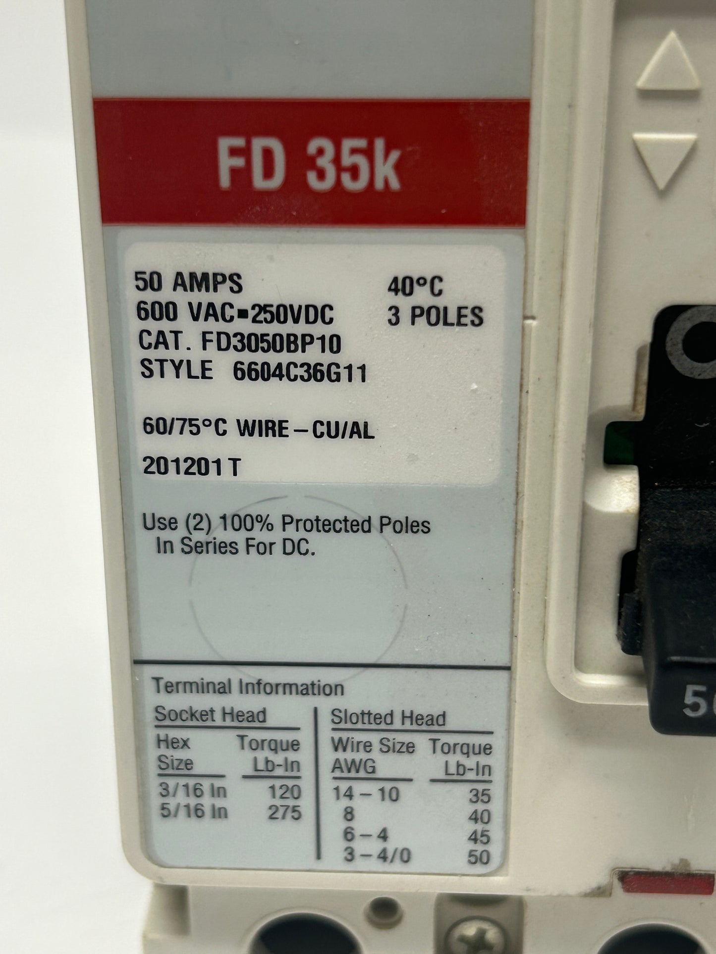 EATON FD3050BP10 Industrial Circuit Breaker 3Poles 50A 600 Vac 250 Vdc FD35K