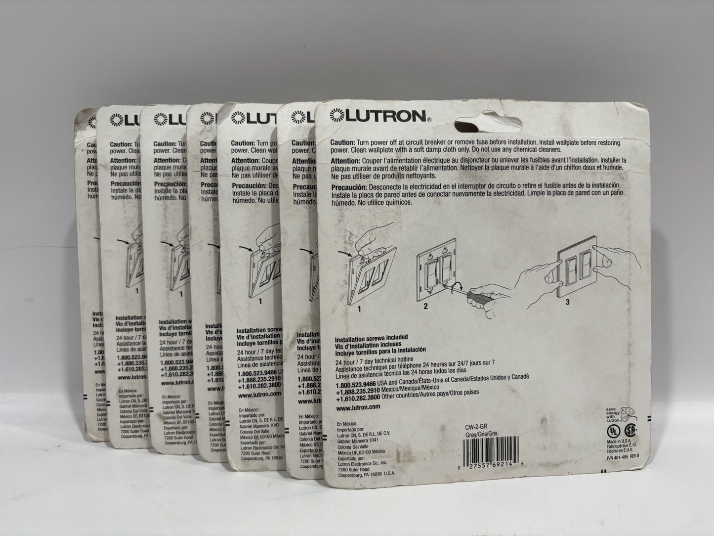 New 7PK Lutron CW-2-GR Screwless 2-Gang Designer wallplate