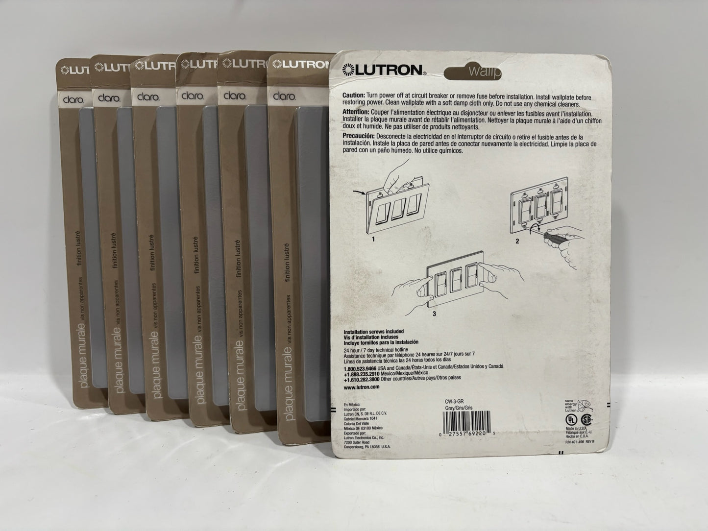 New 7PK Lutron CW-3-GR Screwless 3-Gang Designer Wallplate