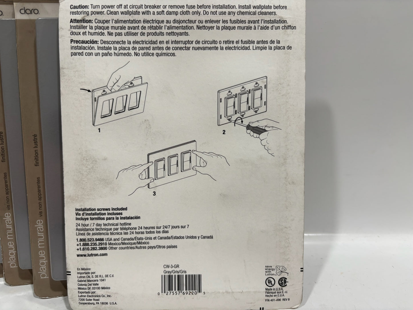 New 7PK Lutron CW-3-GR Screwless 3-Gang Designer Wallplate