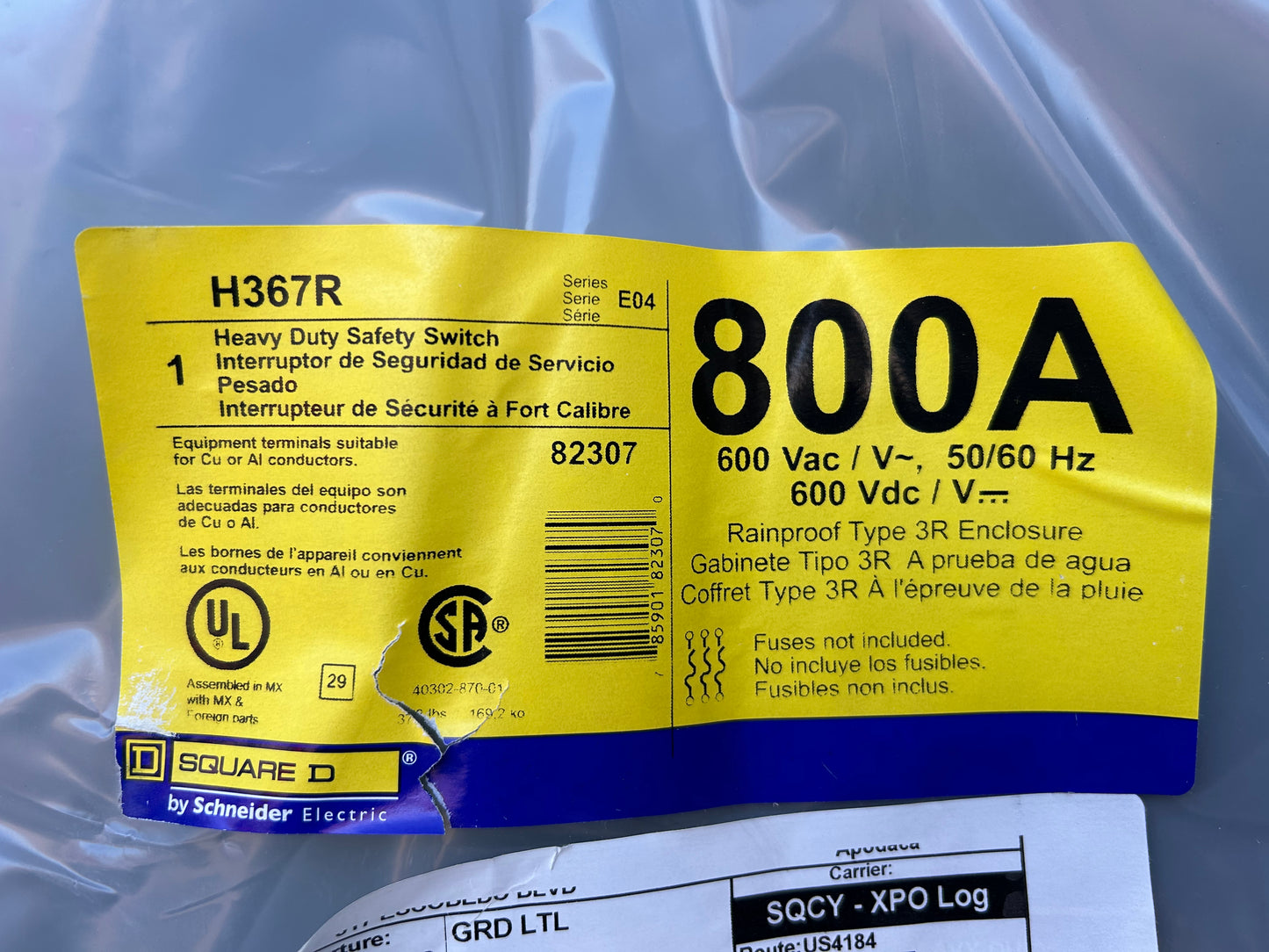Square D H367R Switch Fusible Heavy Duty 600V 800A 3P Nema3R
