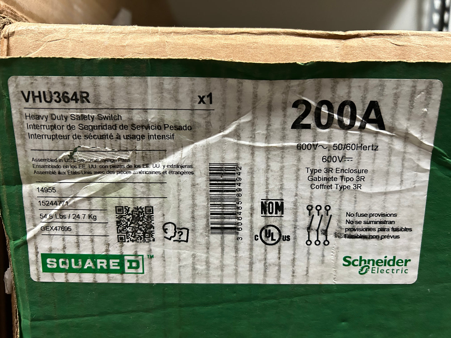 SquareD VH364R Heavy Duty Safety Switch 200A 600V 50/60Hertz Type 3R