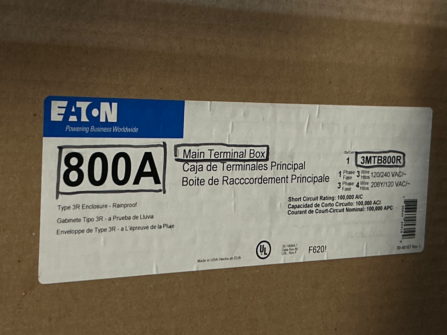 Eaton 3MTB800R Main Terminal Box 800A NEMA 3R 4-Wire 3-Ph 120/208V 250-500 kcmil