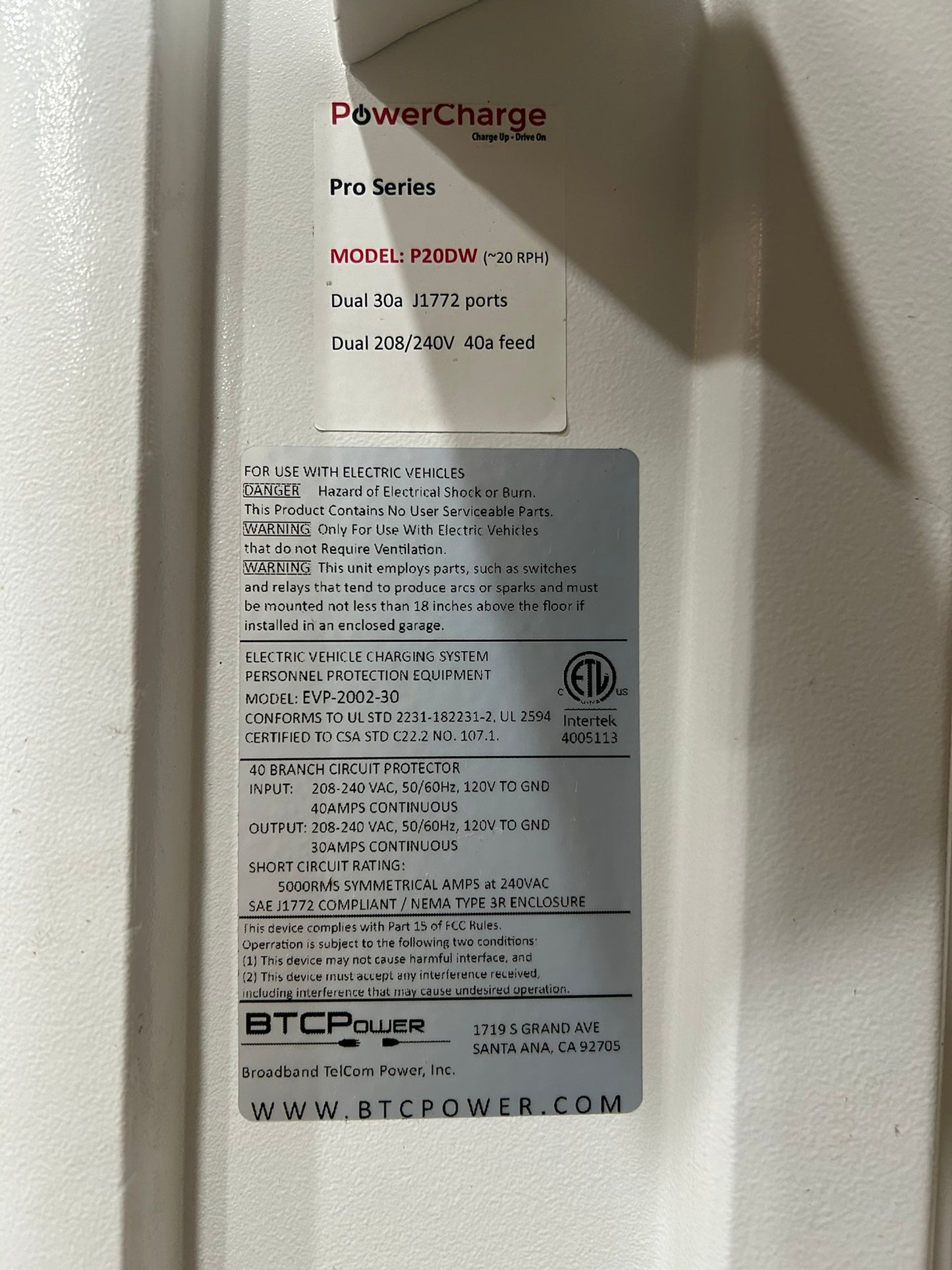 BTCPower (EVP-2002-30) Electric Vehicle Charging System, 30A, AC Fast Charging