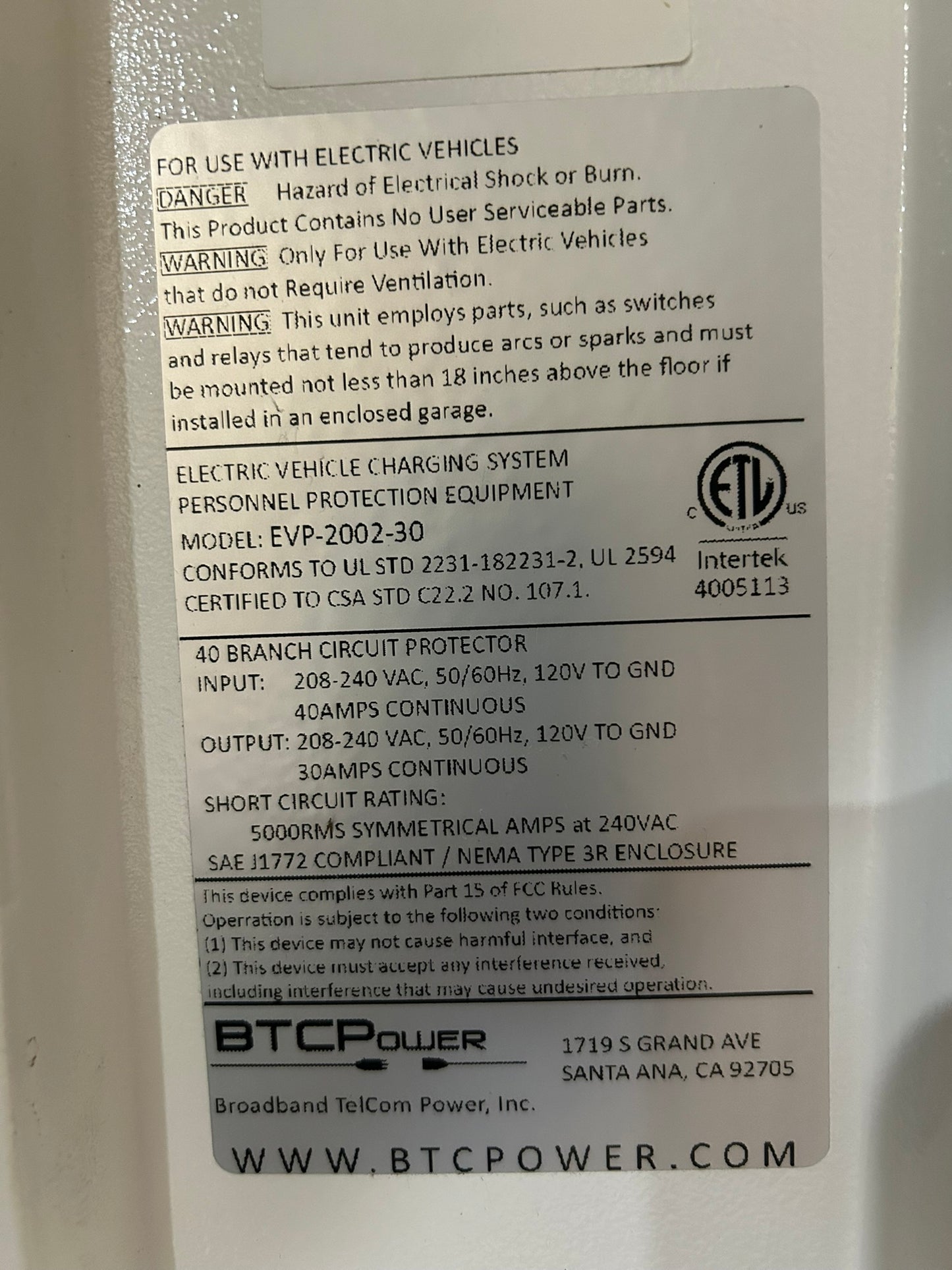 BTCPower (EVP-2002-30) Electric Vehicle Charging System, 30A, AC Fast Charging