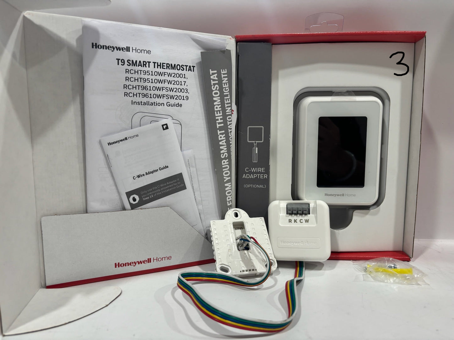 3 T9 Honeywell Smart Thermostats (1 No Sens/C-wire,2 no Sensor box,3 Used C-wire)