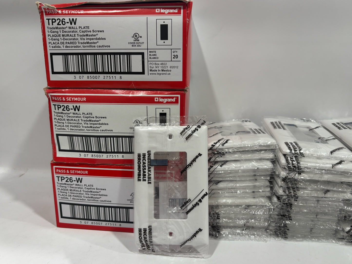 New 160PC Legrand TP26-W 1-Gang Nylon Wall Plate, 1 Decorator Opening