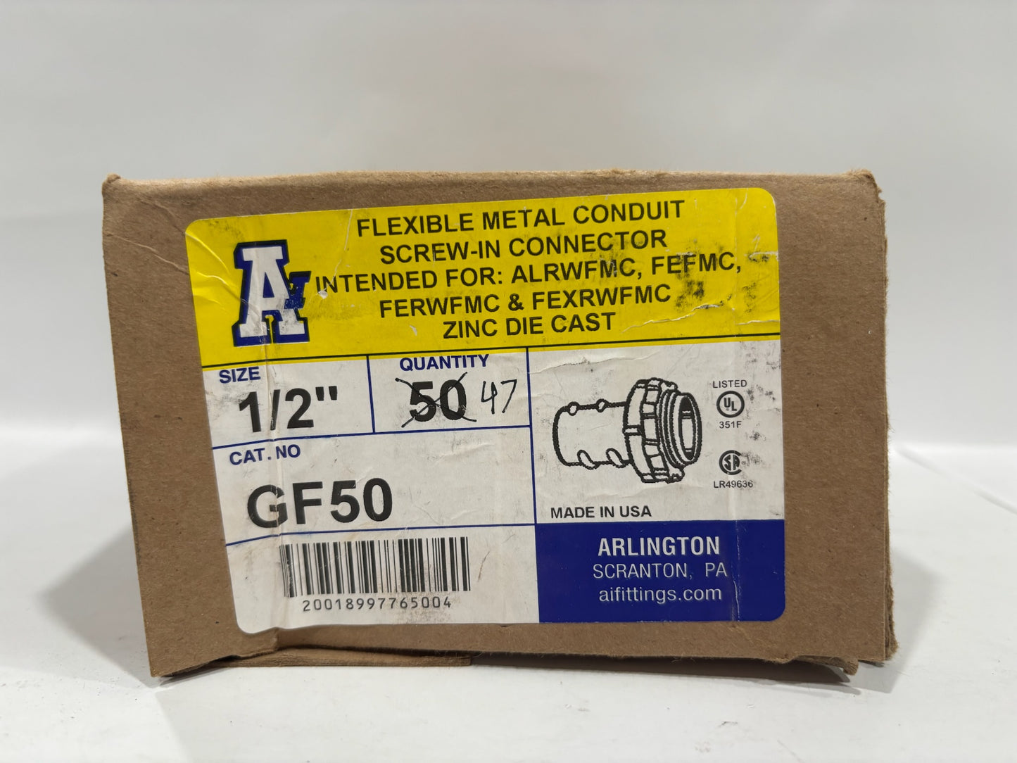 47 PC Arlington GF50 1/2" Flexible Metal Conduit Screw In Connector