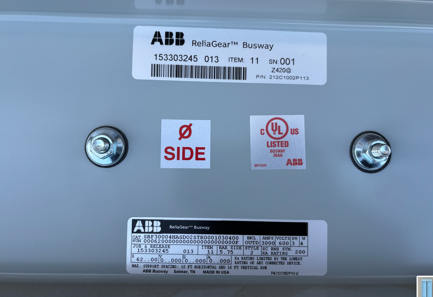 ABB ReliaGear Busway 3000 AMPS 600VOLTS PH3 W4 Bus Duct