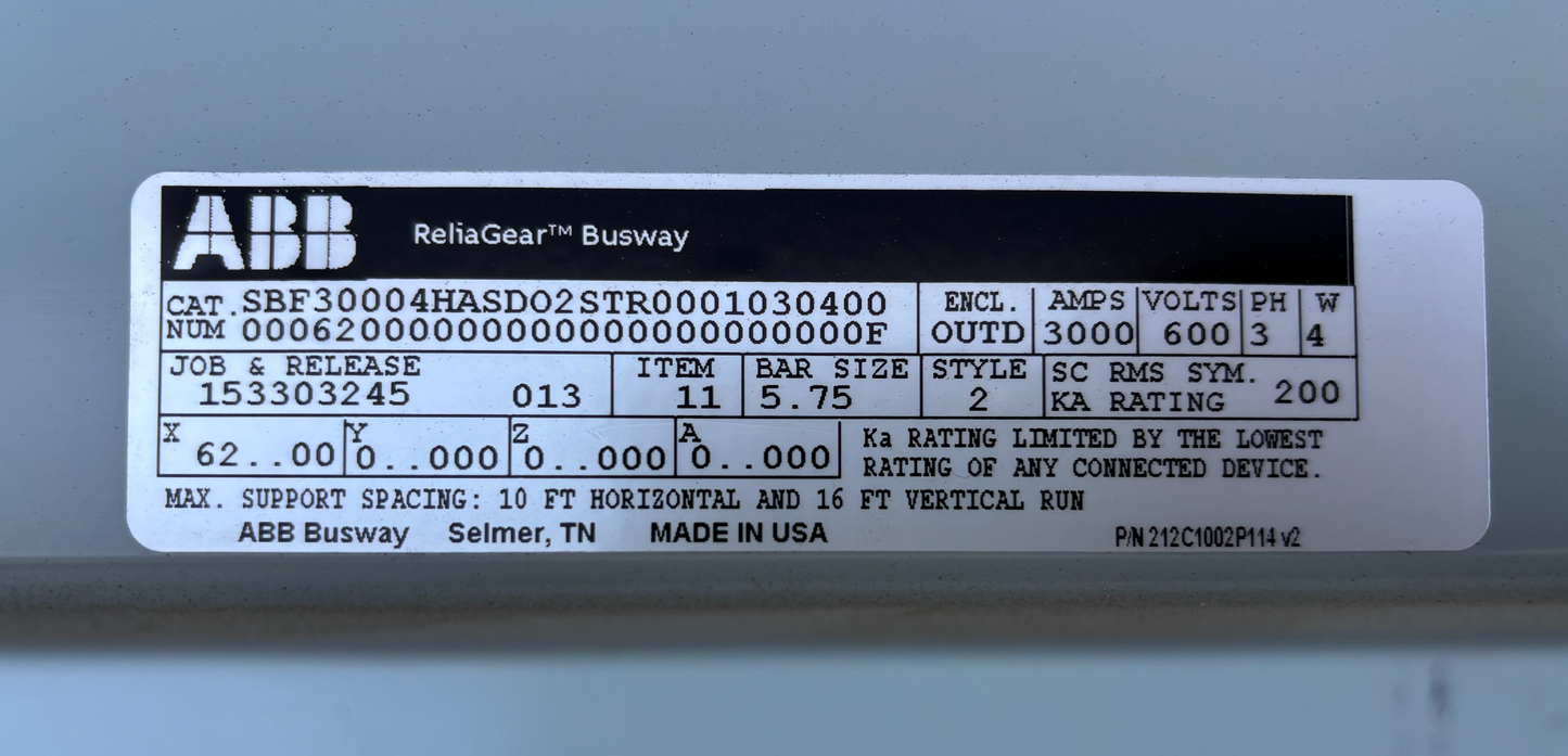 ABB ReliaGear Busway 3000 AMPS 600VOLTS PH3 W4 Bus Duct