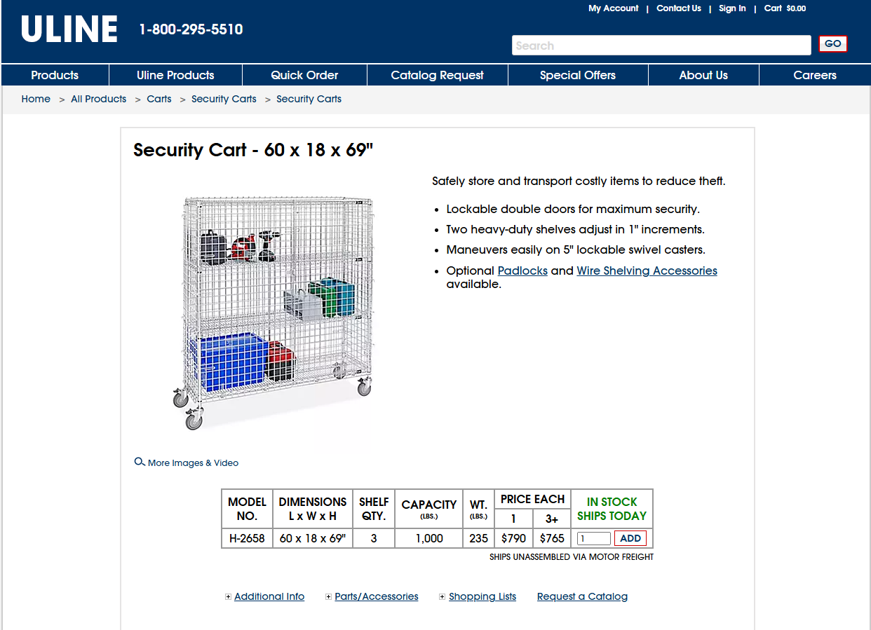 ULINE H-2658 Three-Shelf Security Cart 60 x 18 x 69" 1000lbs Capacity