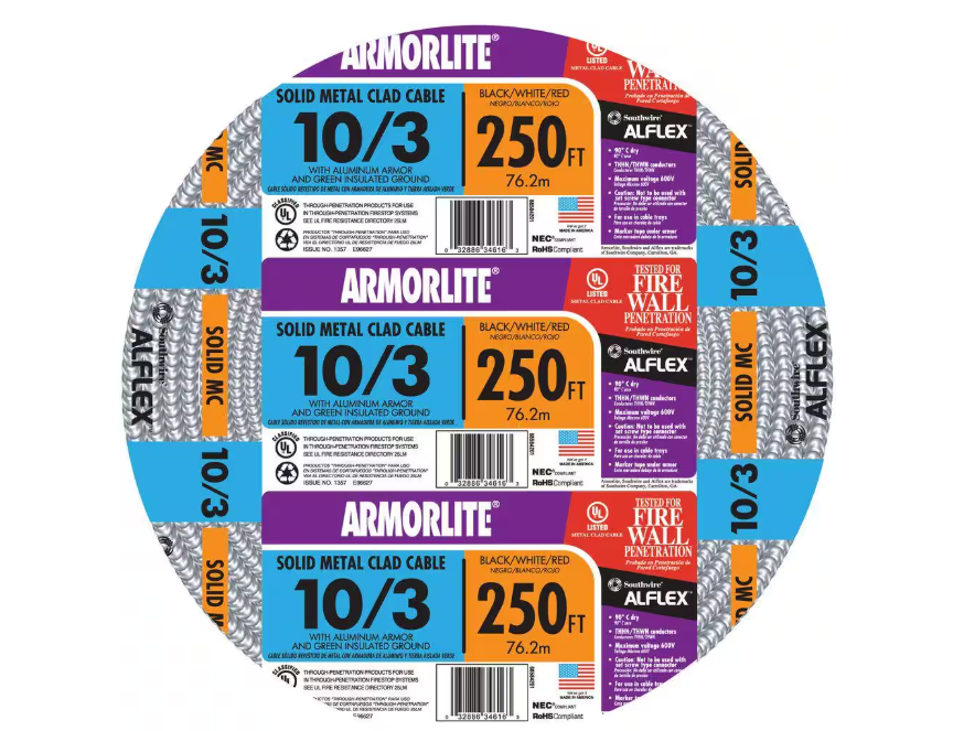 250 Ft Southwire 10/3 x 250 ft. Solid CU MC (Metal Clad) Armorlite Cable