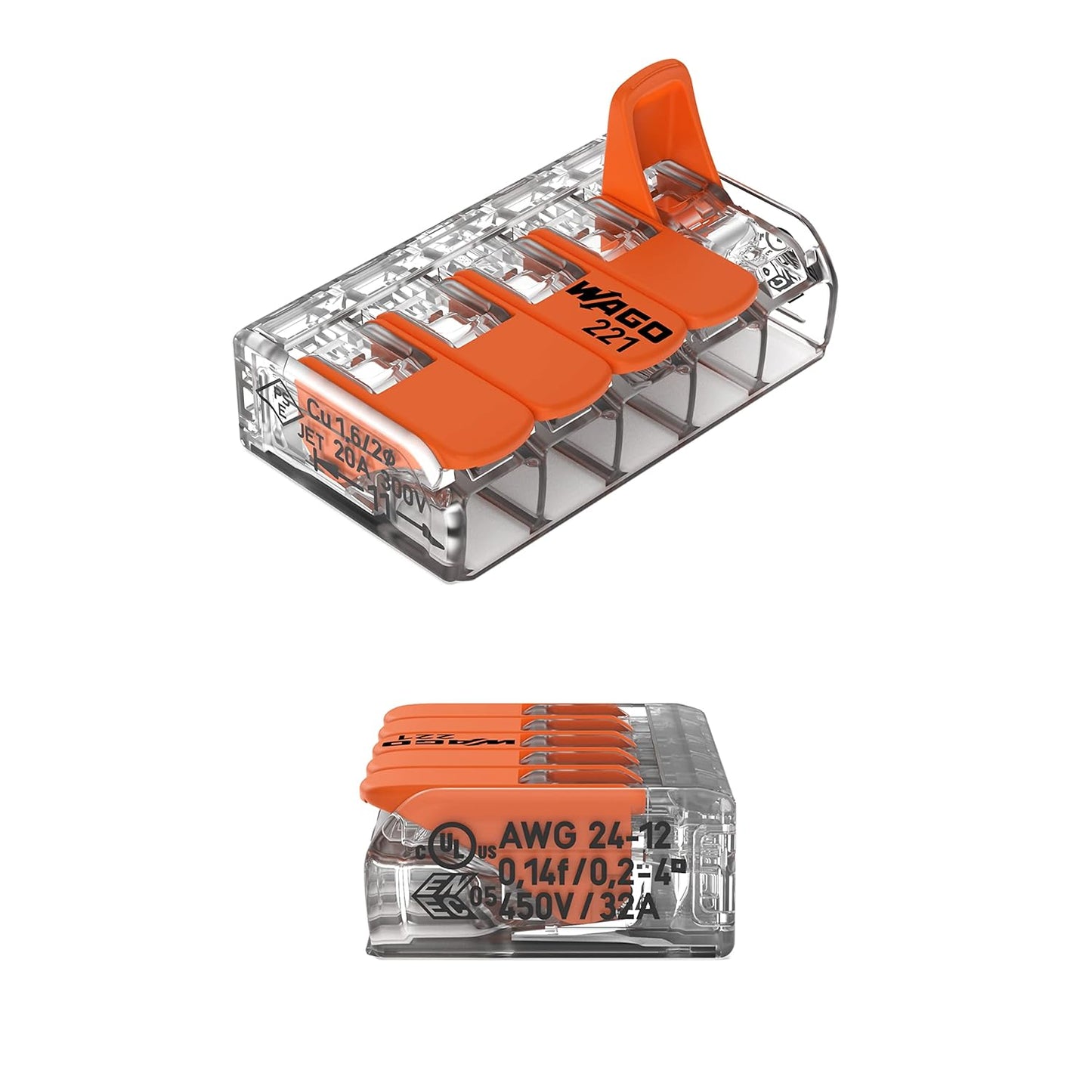 WAGO Lever-Nuts (221-415) Splicing Connector, 5-Conductor, 24-12 AWG, Box of 25 Pieces, (Lot of 2)