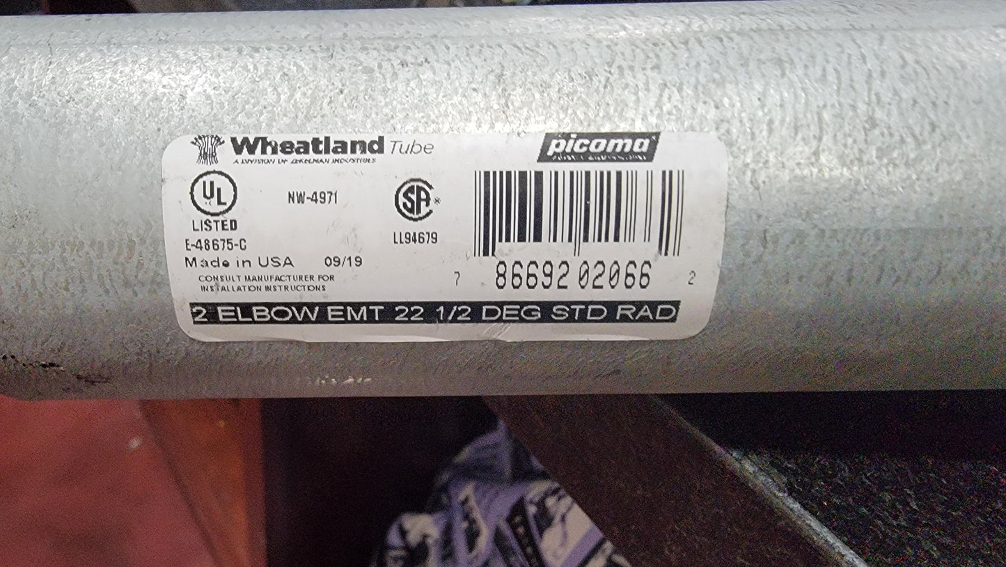 Wheatland Picoma 2" Electrical EMT 22 1/2° Standard Radius Elbow Conduit- 2 Pack