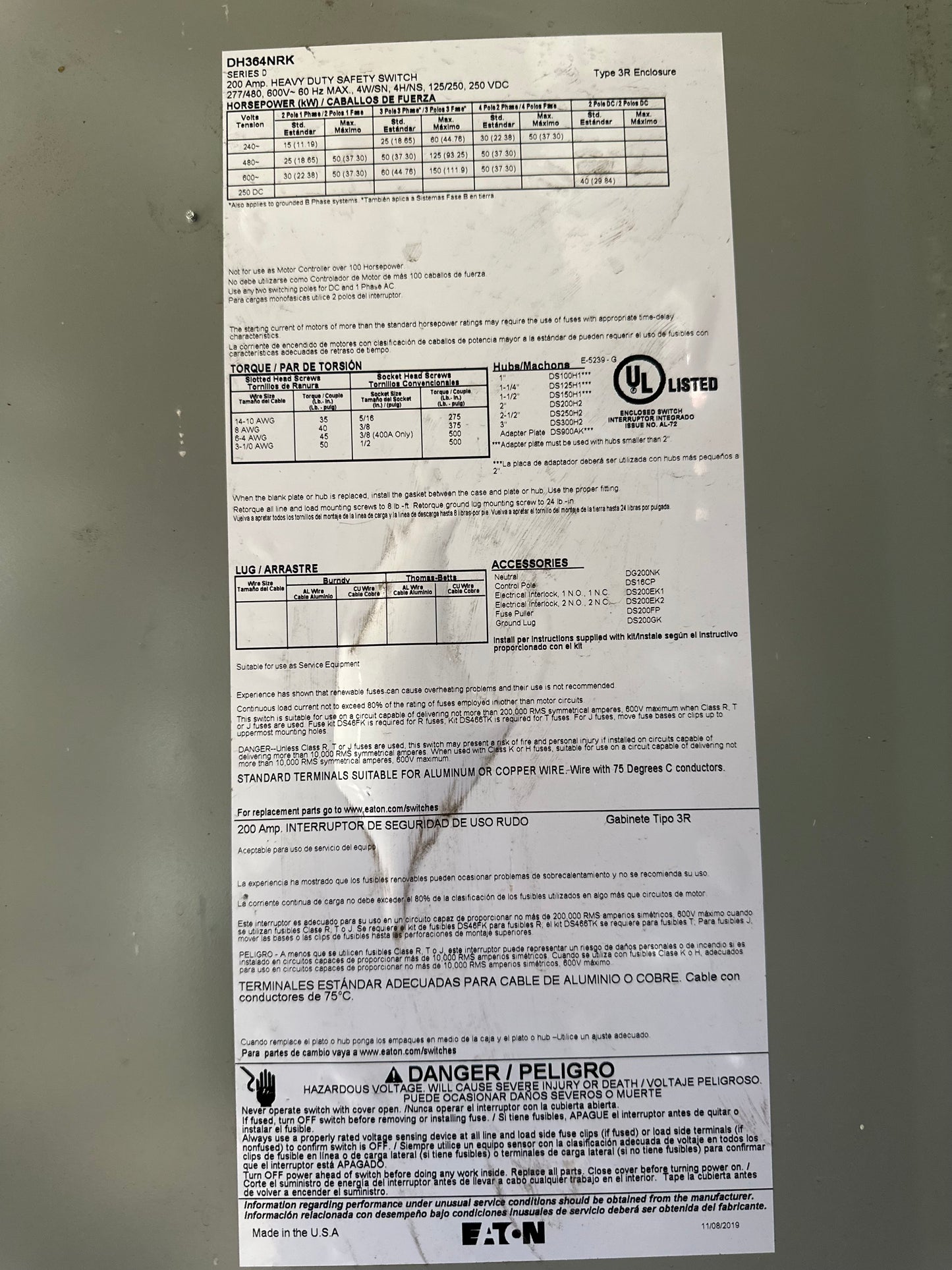 EATON DH364NRK Heavy Duty Fusible Safety Switch 200 Amp 600V 3 Pole 4W NEMA 3R