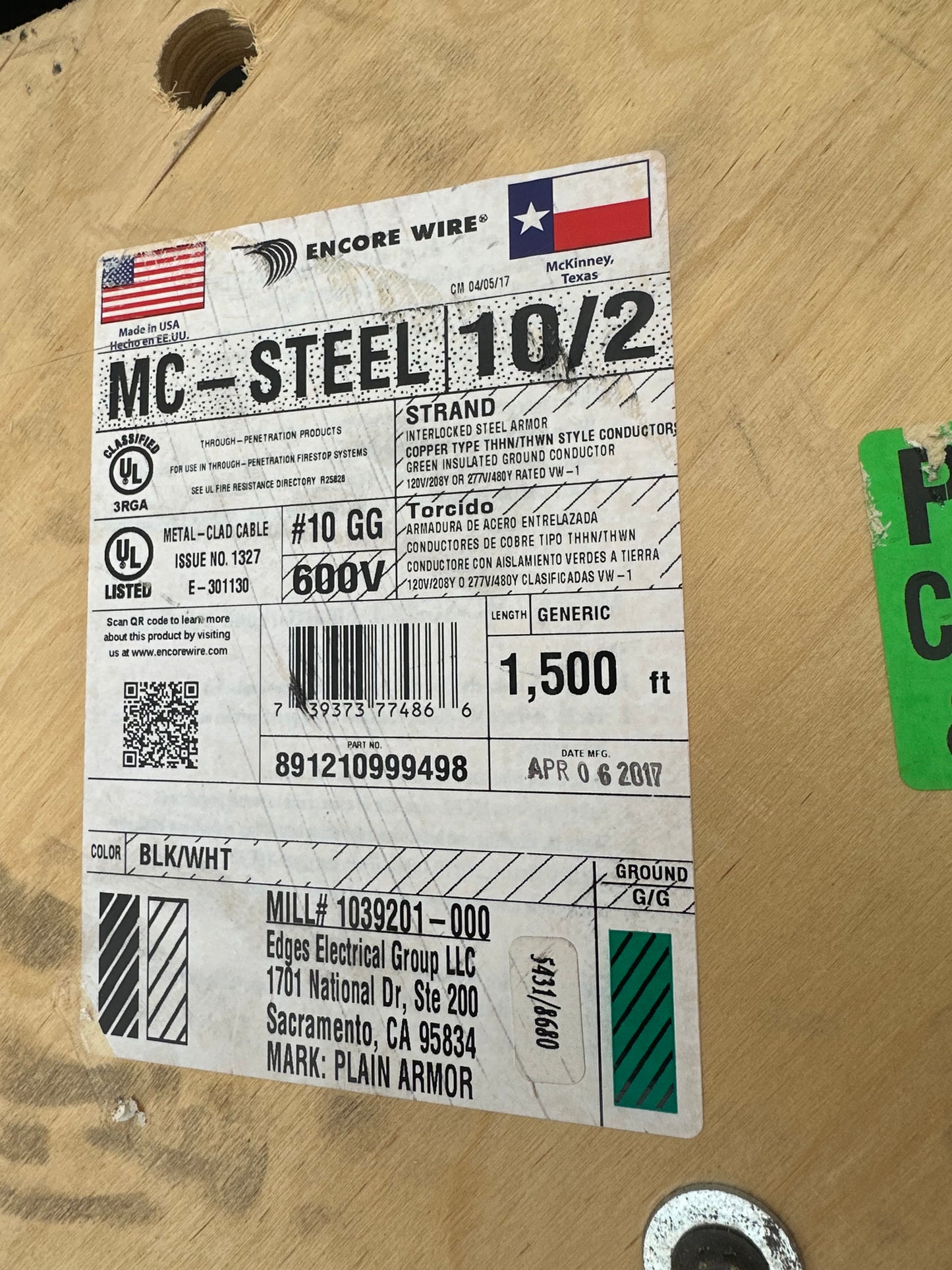 1500ft Steel MC-Cable 10/2 Strand Copper- Black, White Conductors (600V, #10 GG)