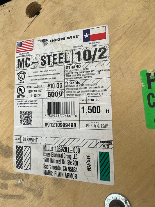1500ft Steel MC-Cable 10/2 Strand Copper- Black, White Conductors (600V, #10 GG)