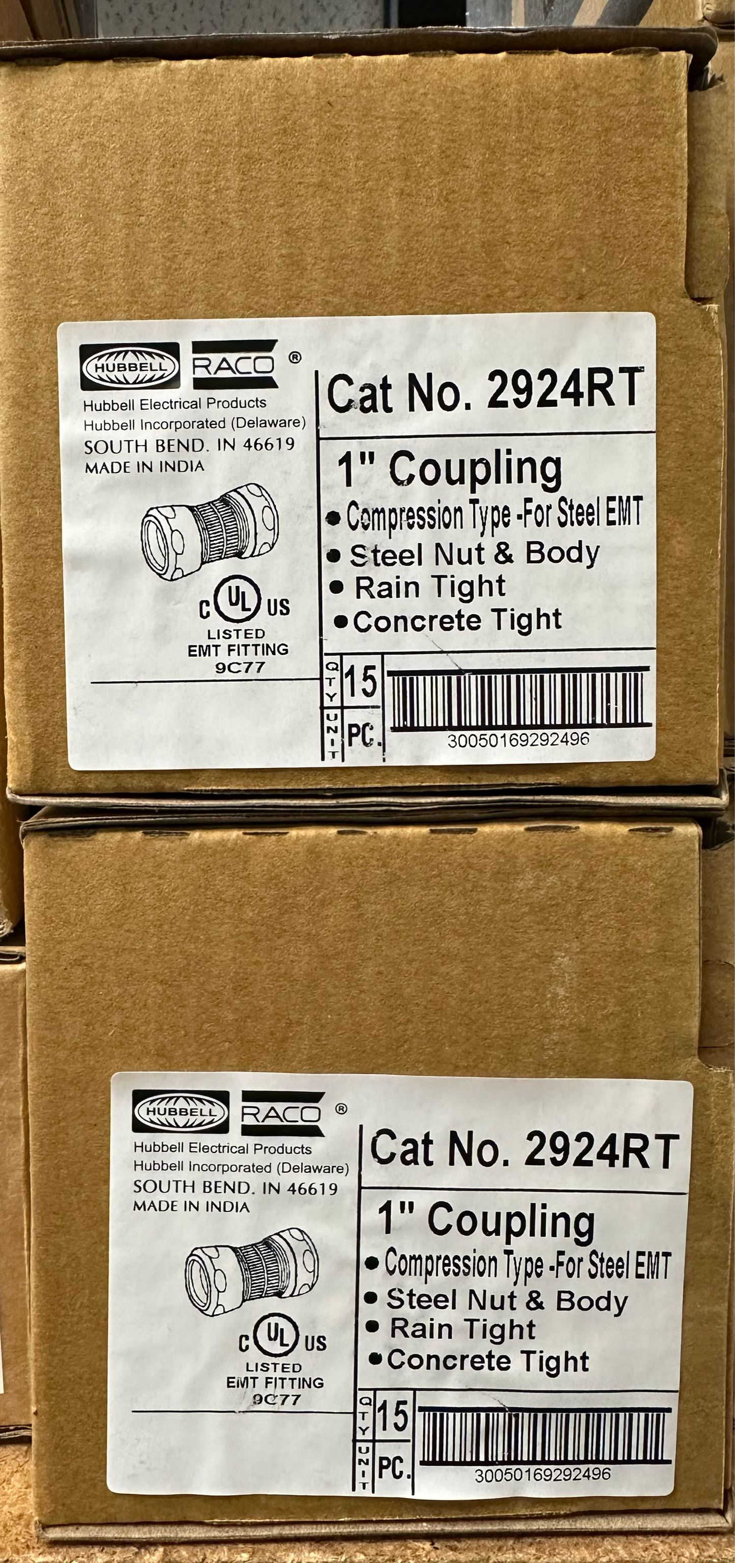 Hubbell-RACO 2924RT 1” Coupling Compression Type For Steel EMT (Lot of 2 boxes 15 Pieces per box)