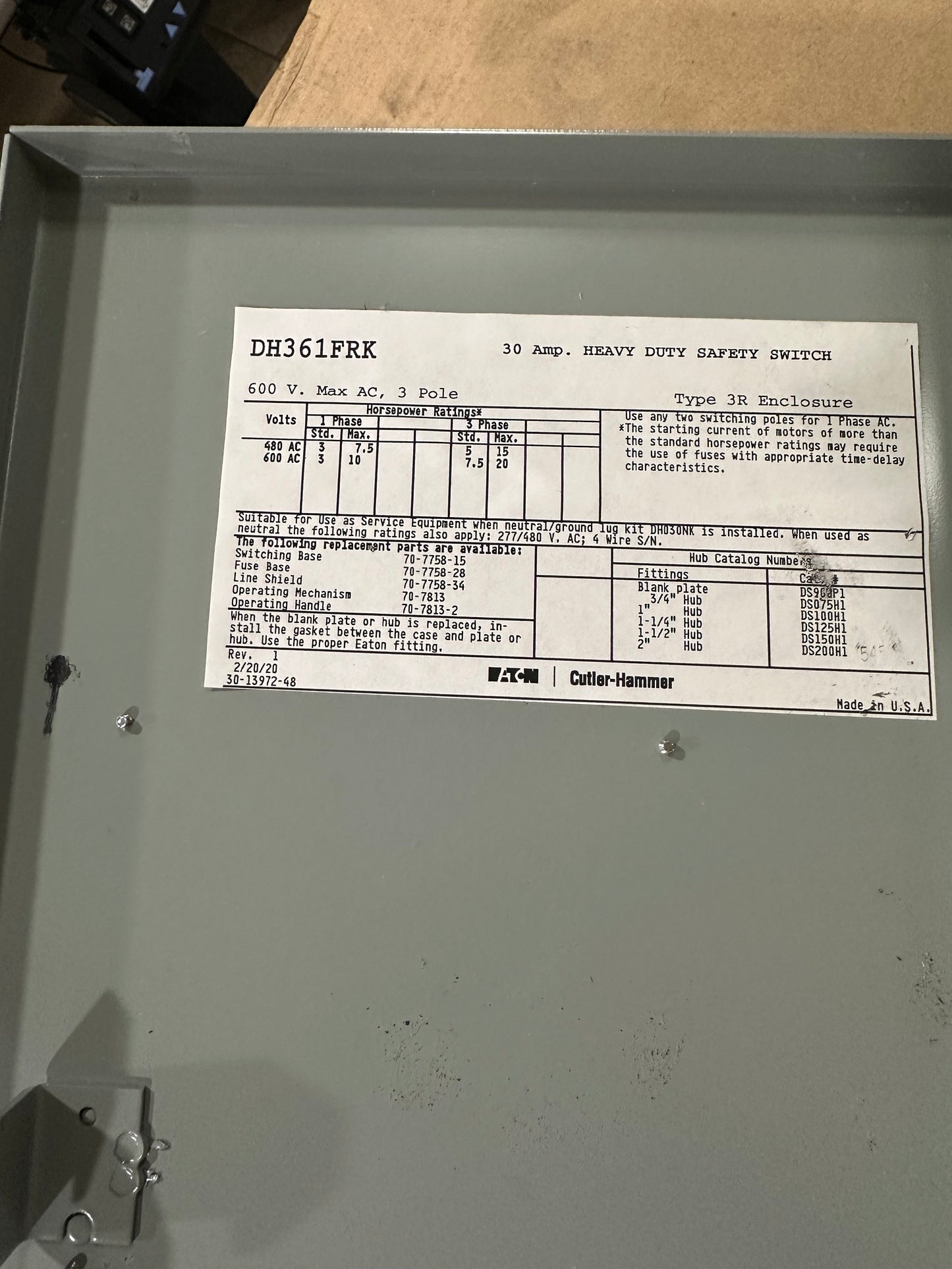 USED Eaton fuse breaker DH361FRK