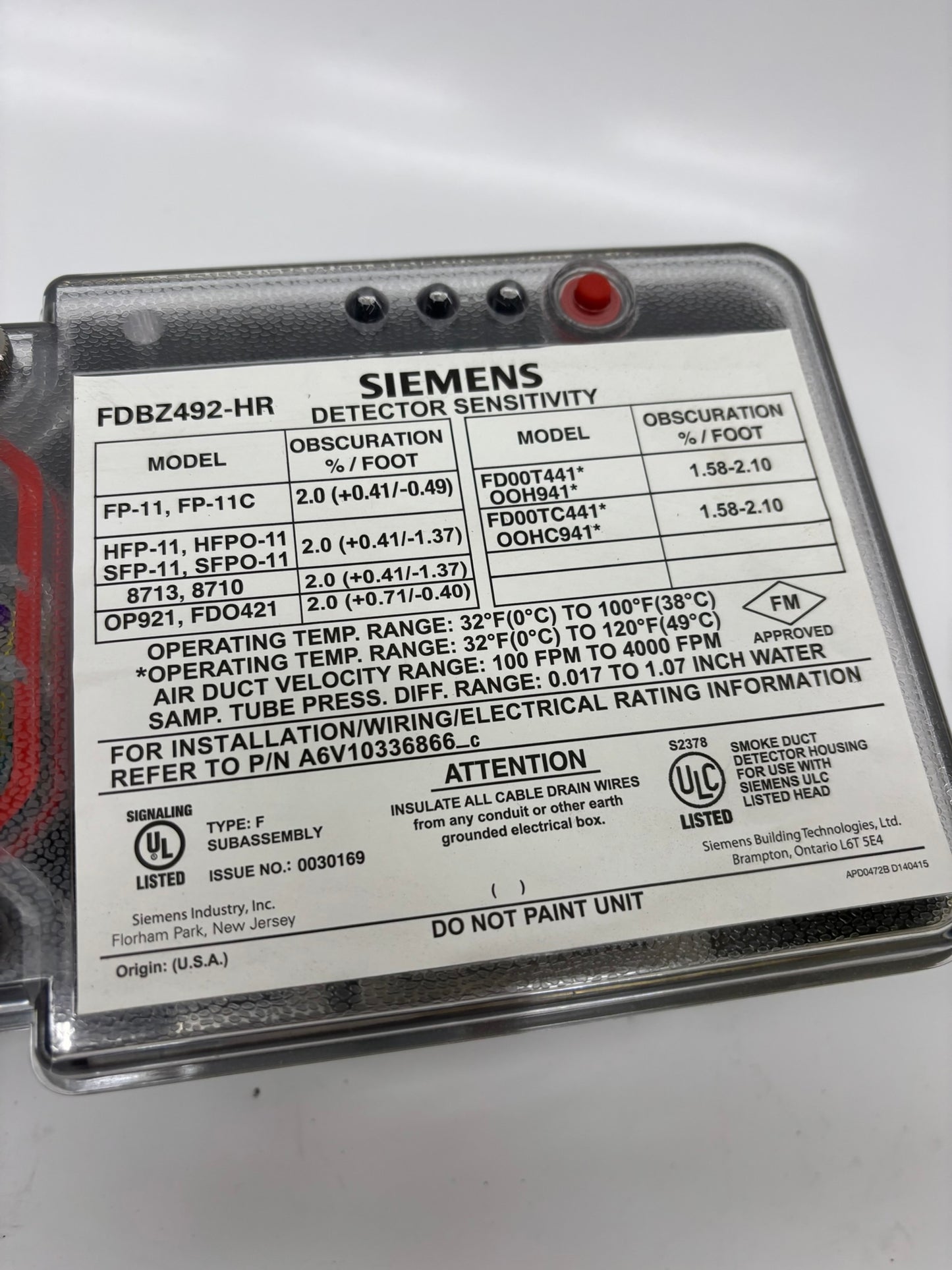 Siemens (FDBZ492) System Sensor Duct Smoke Detector