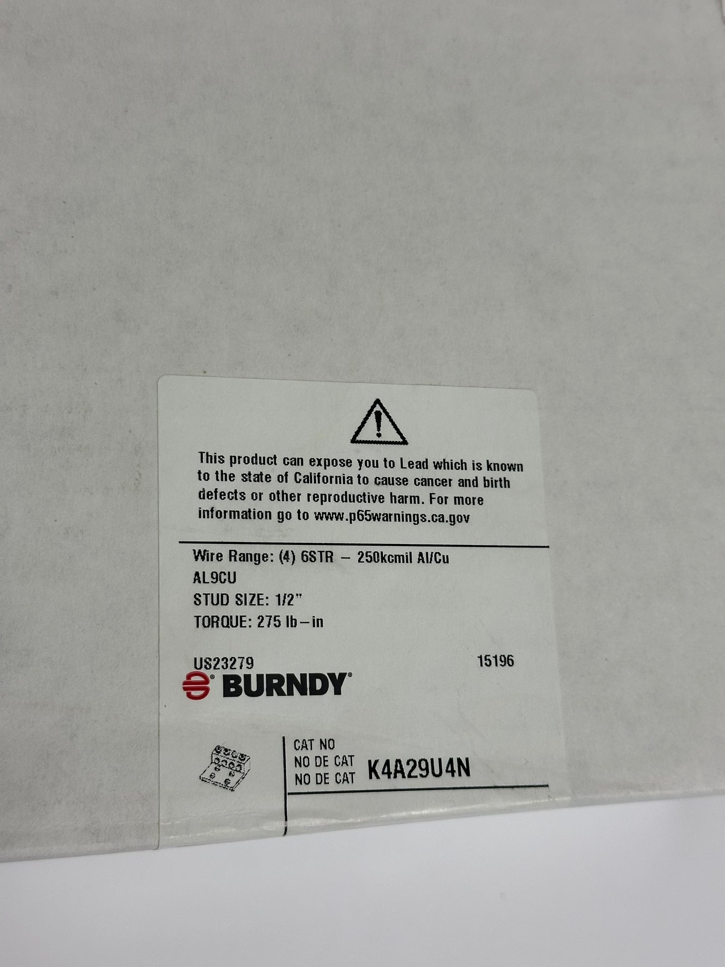 Burndy (K4A429U4N) Universal Terminal, 4 Conductor, 4-Hole, 6 AWG