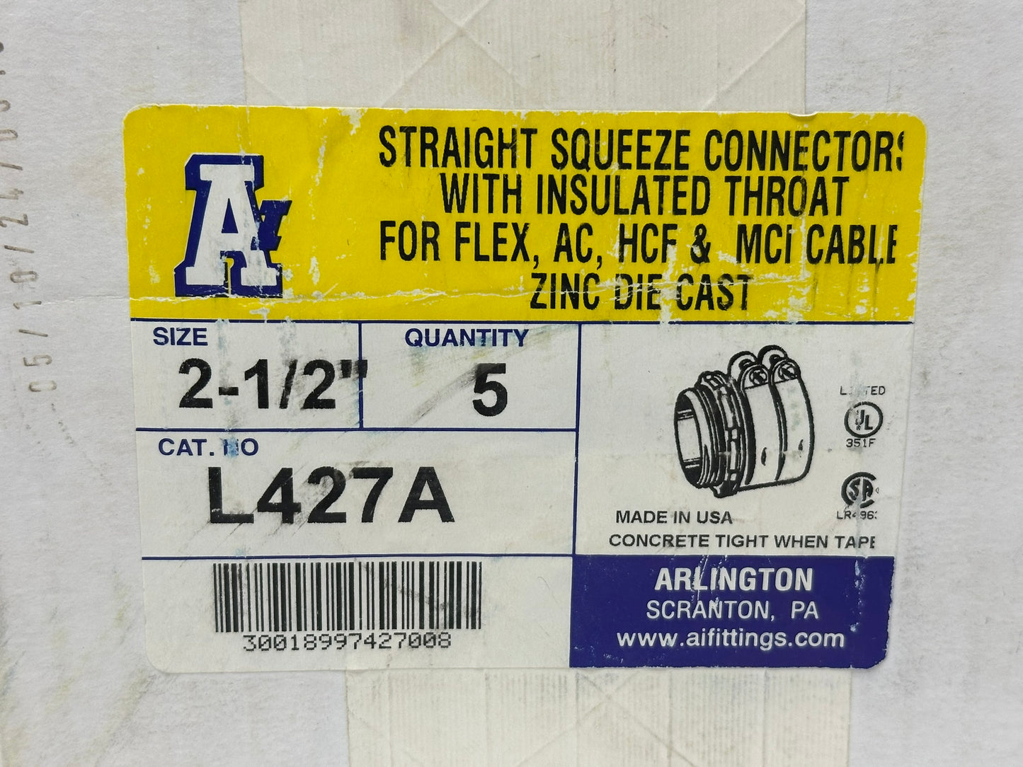 5PK Arlington L427A 2-1/2" Zinc Squeeze Connector