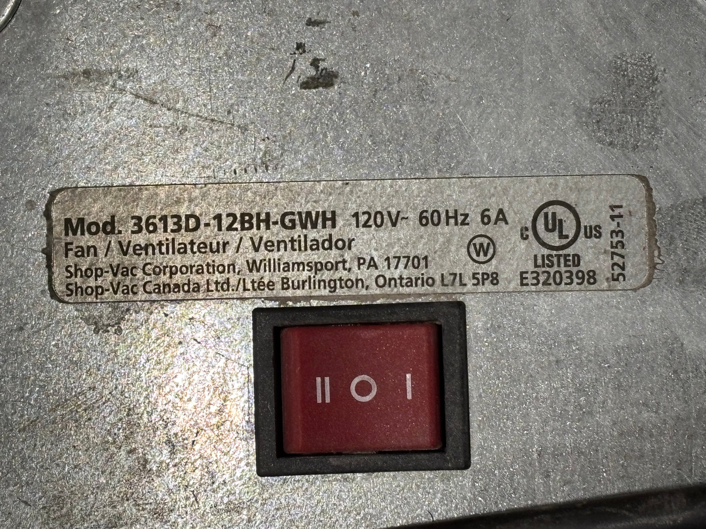 SHOP AIR 3613D-12BH-GWH 36in Ventilator 120V- 60Hz 6A