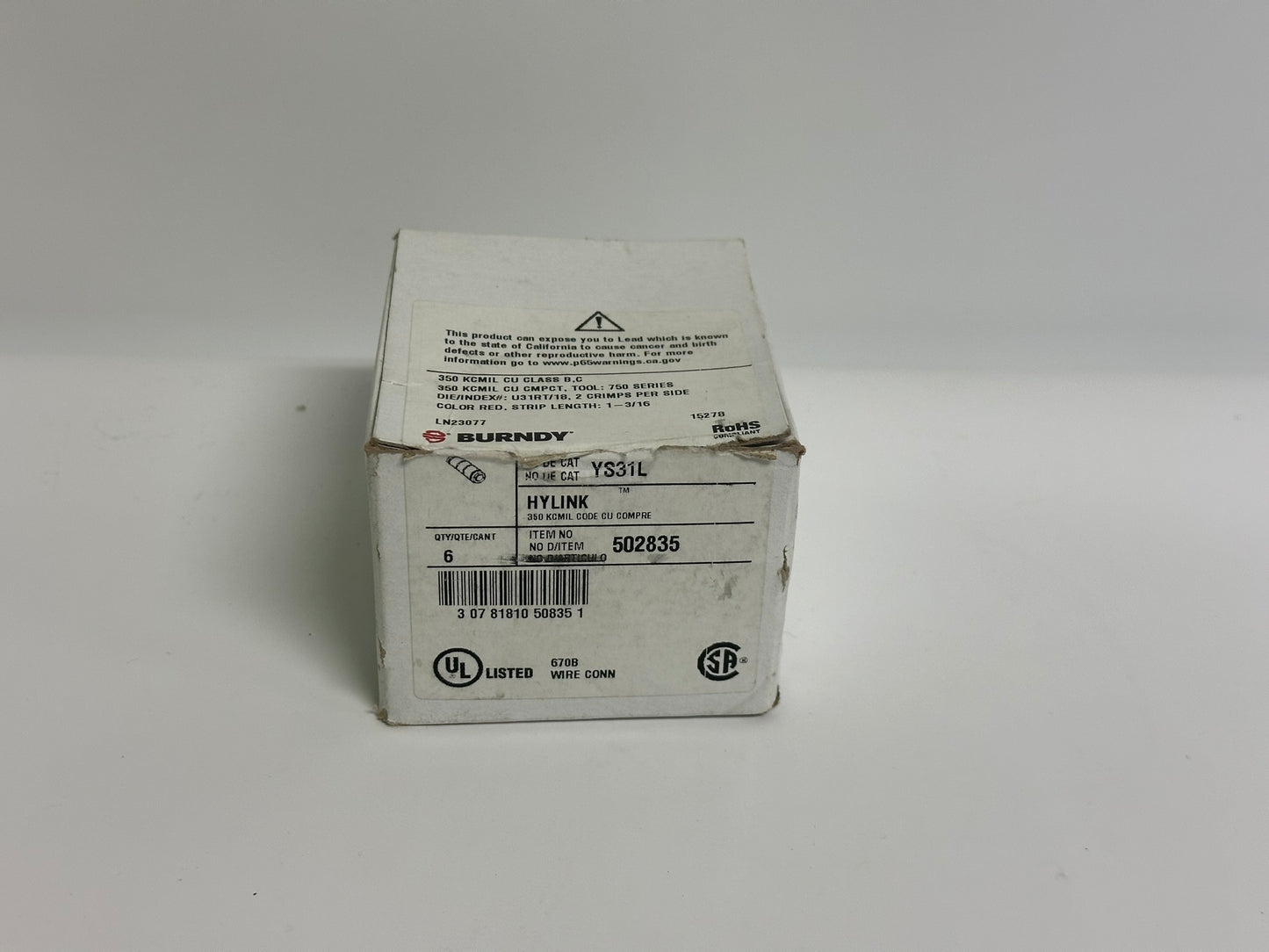 6 PK Burndy (YS31L) Electro Tin Plated, Compression Splice, Standard Barrel