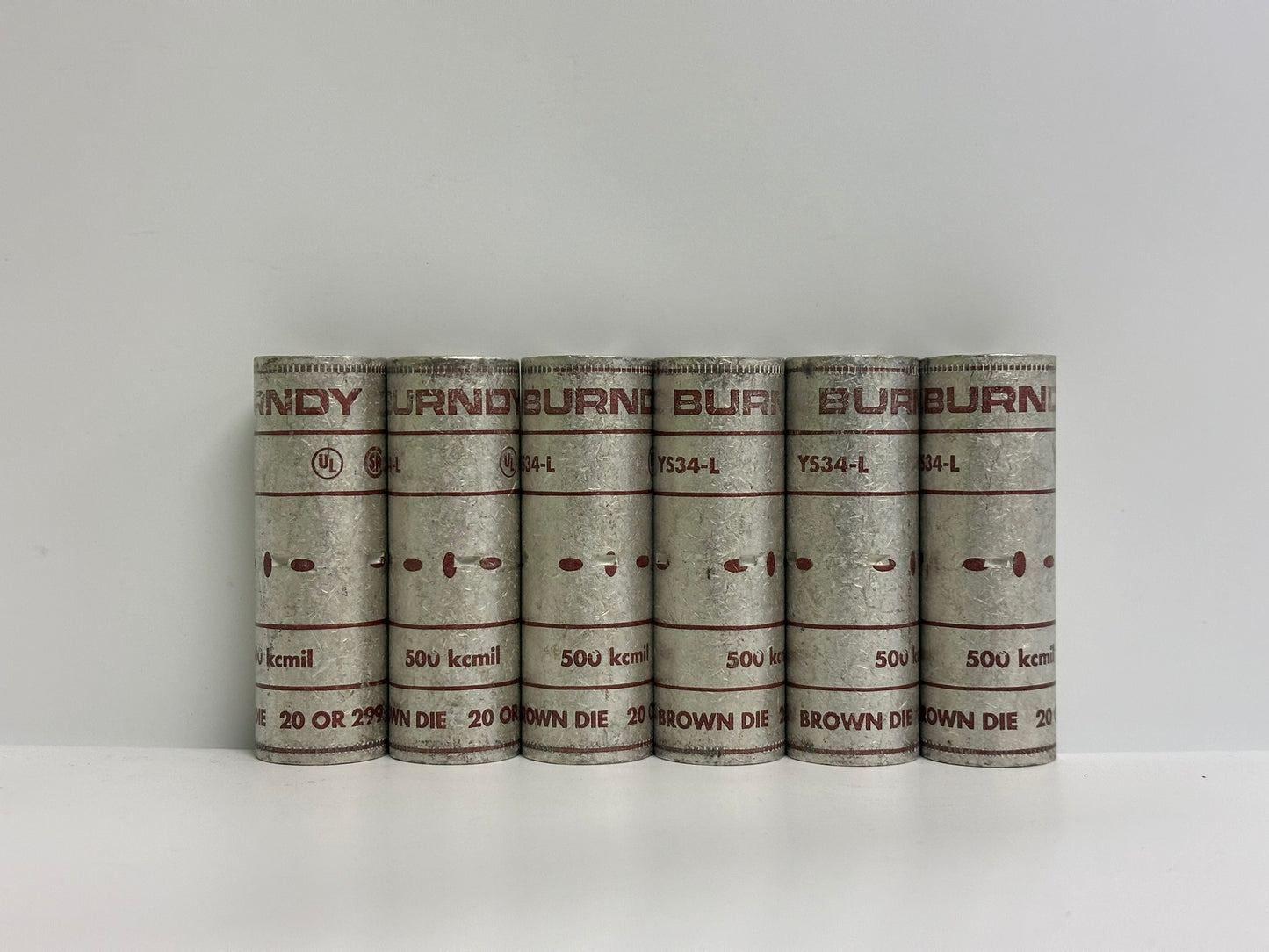 6 PK Burndy (YS34L) Brown Color Code, 500MCM Butt Splice, Copper Conductor