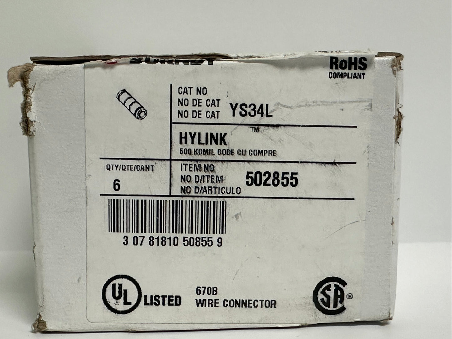 6 PK Burndy (YS34L) Brown Color Code, 500MCM Butt Splice, Copper Conductor