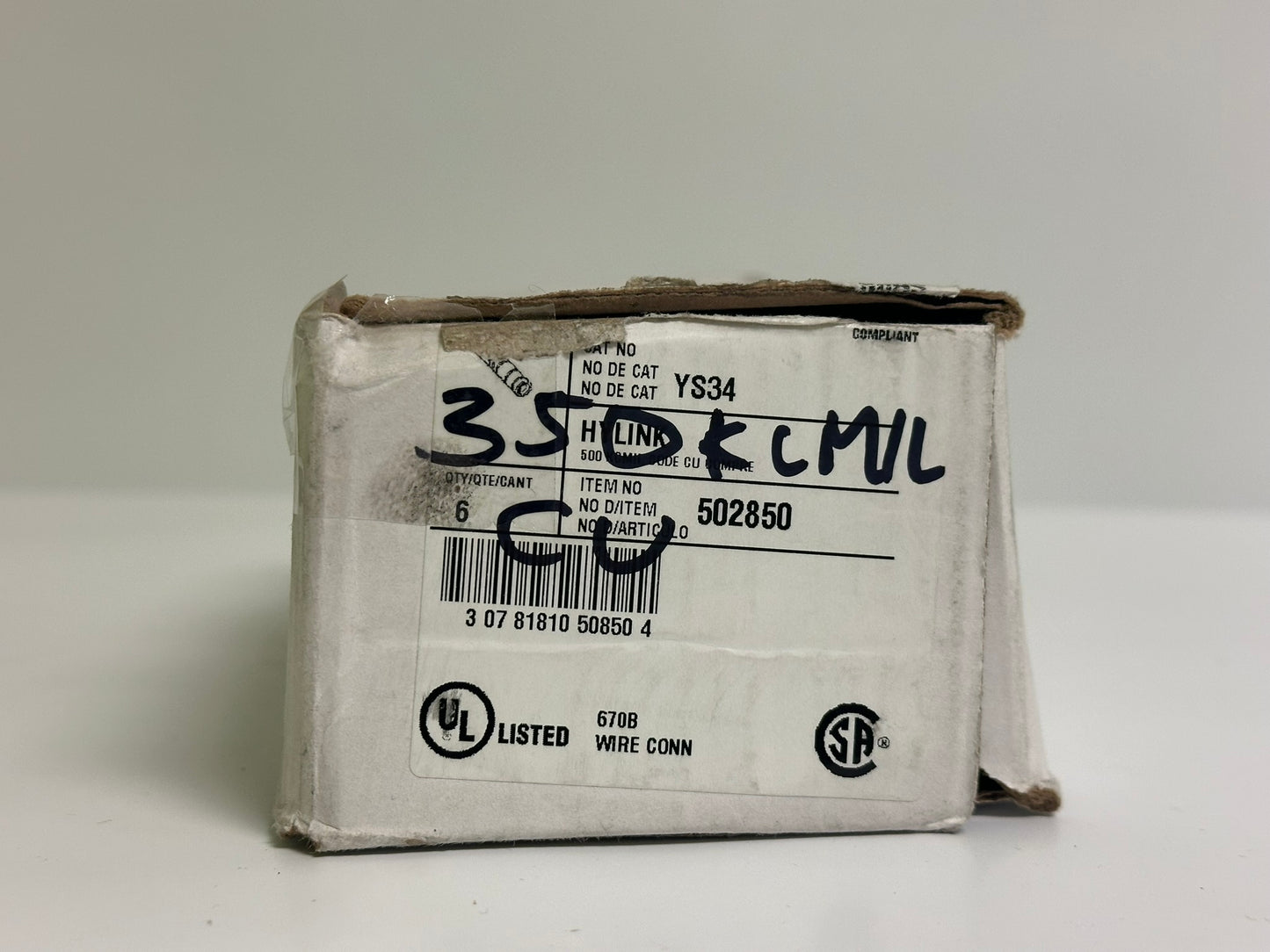 6 PK Burndy (YS34) Cu Compression Splice, Long Barrel, 500 kcmil