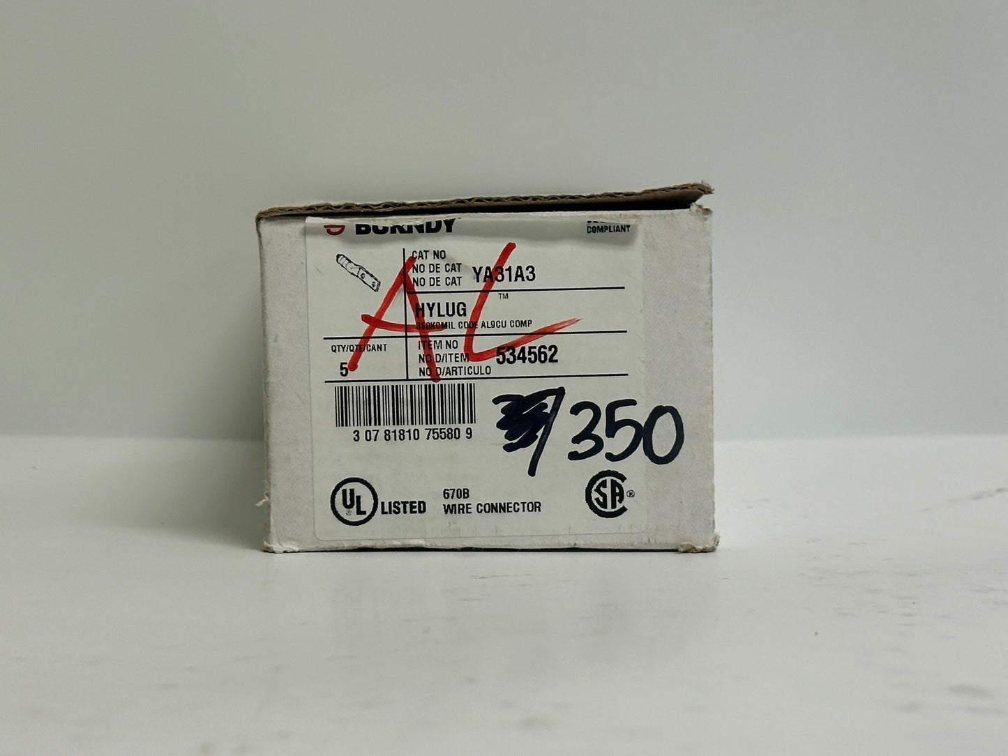 5 PK Burndy (YA31A3) 350Mcm Aluminum/Copper 2-Hole Lug, 1.85 Inch Barrel