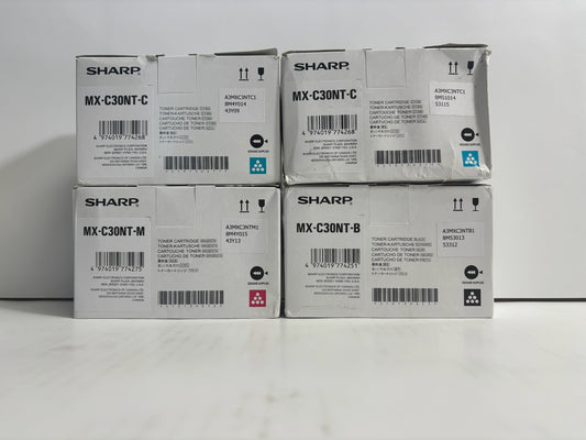 4 Genuine Sharp MX-C250,C300P,C300W CCMK Toners MX-C30NT (No Yellow)